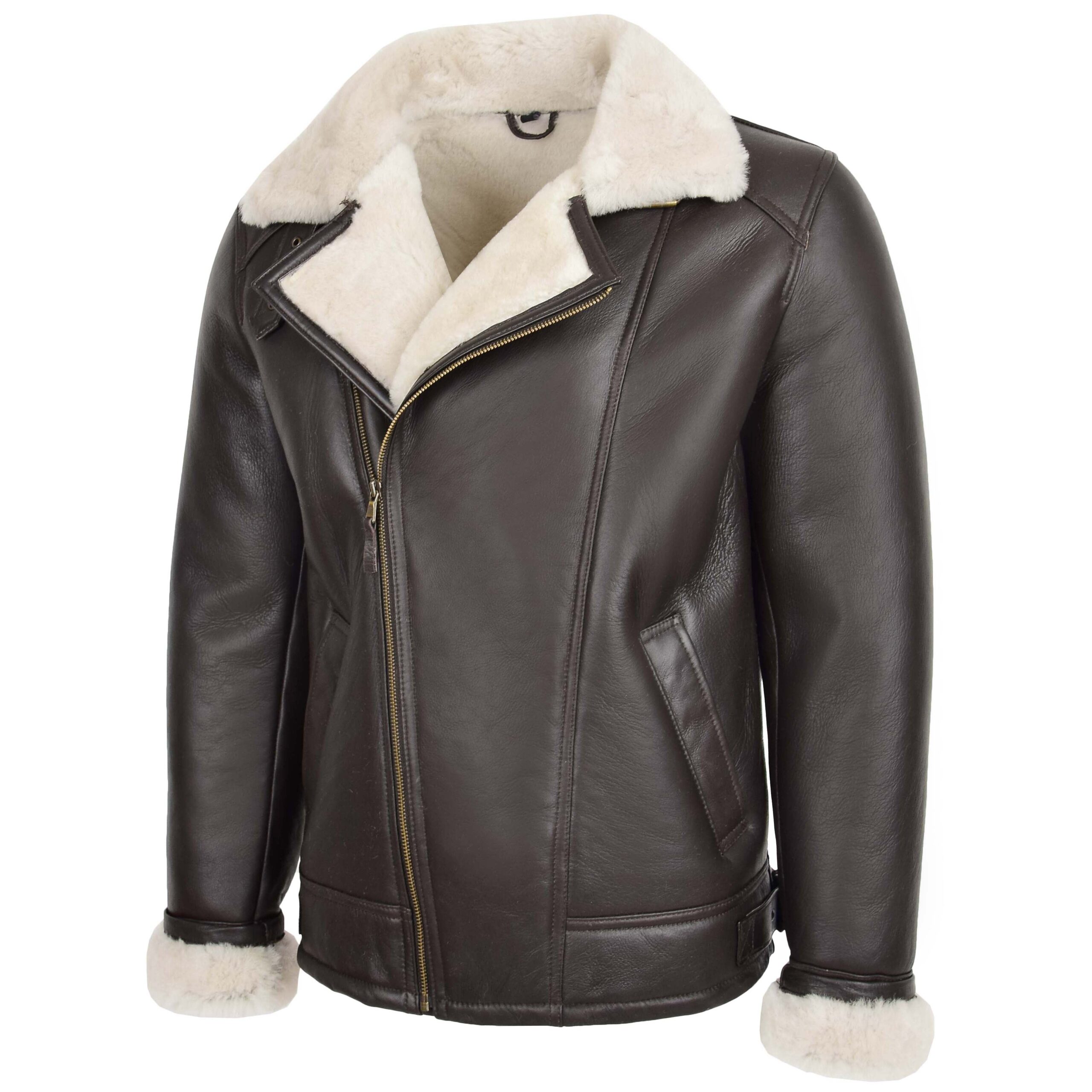 BUNERI Veste Homme Aviateur Peau de Mouton Pilote Marron Blanc – Image 4