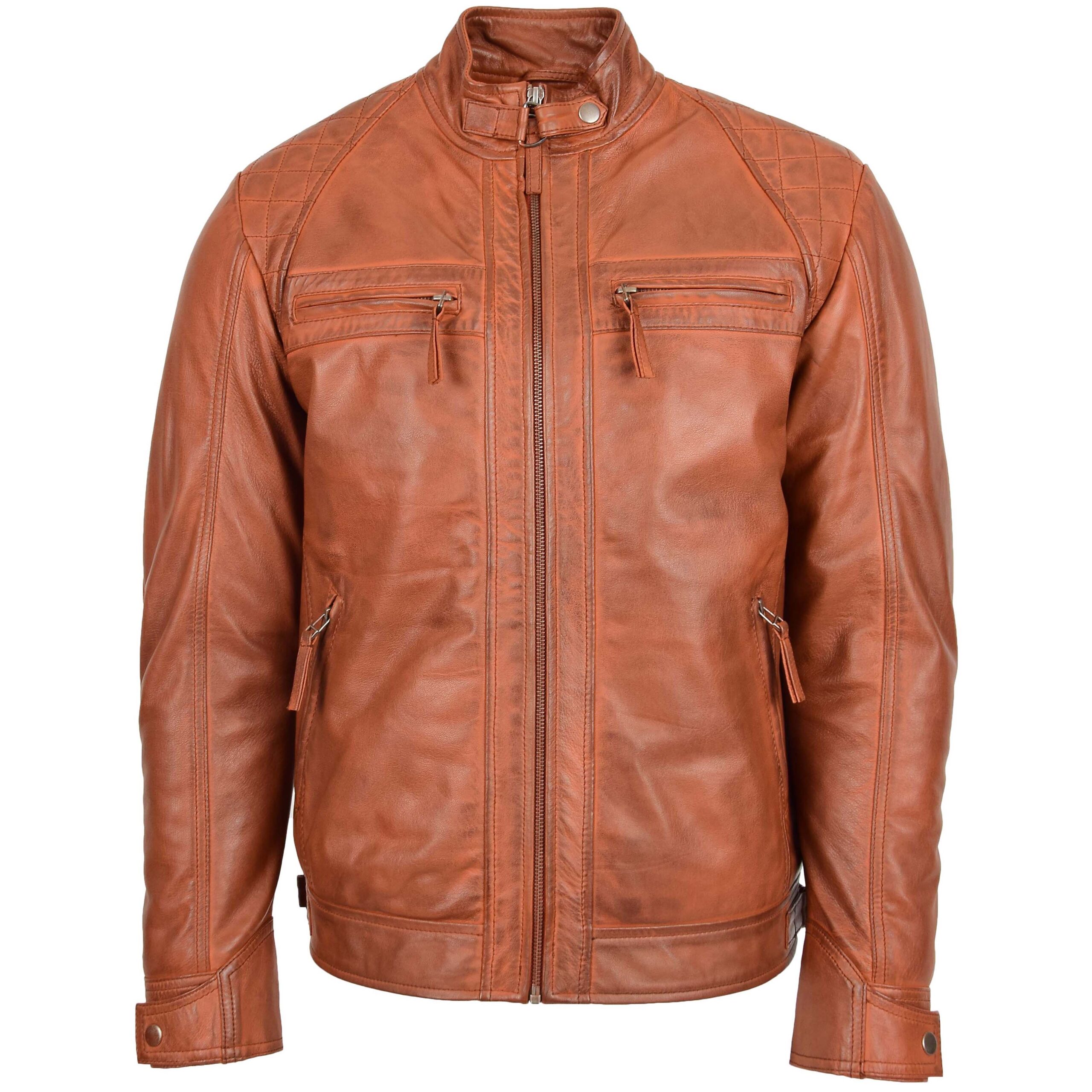 BUNERI Veste Biker Homme Cuir Col Montant Cognac Camel – Image 3