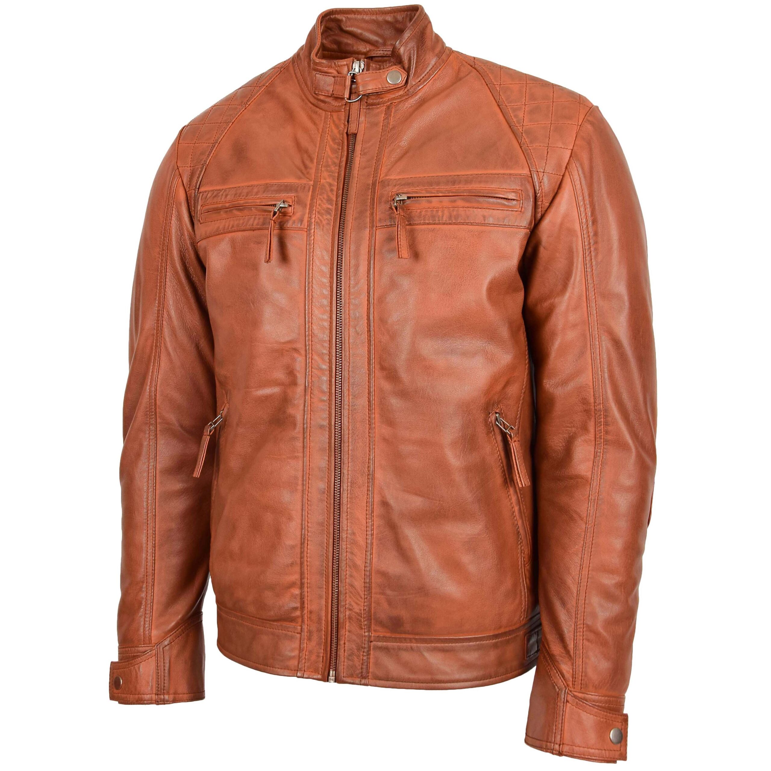 BUNERI Veste Biker Homme Cuir Col Montant Cognac Camel – Image 4