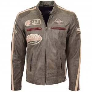 BUNERI Biker Cuir Kurt Marron avec Badges Homme