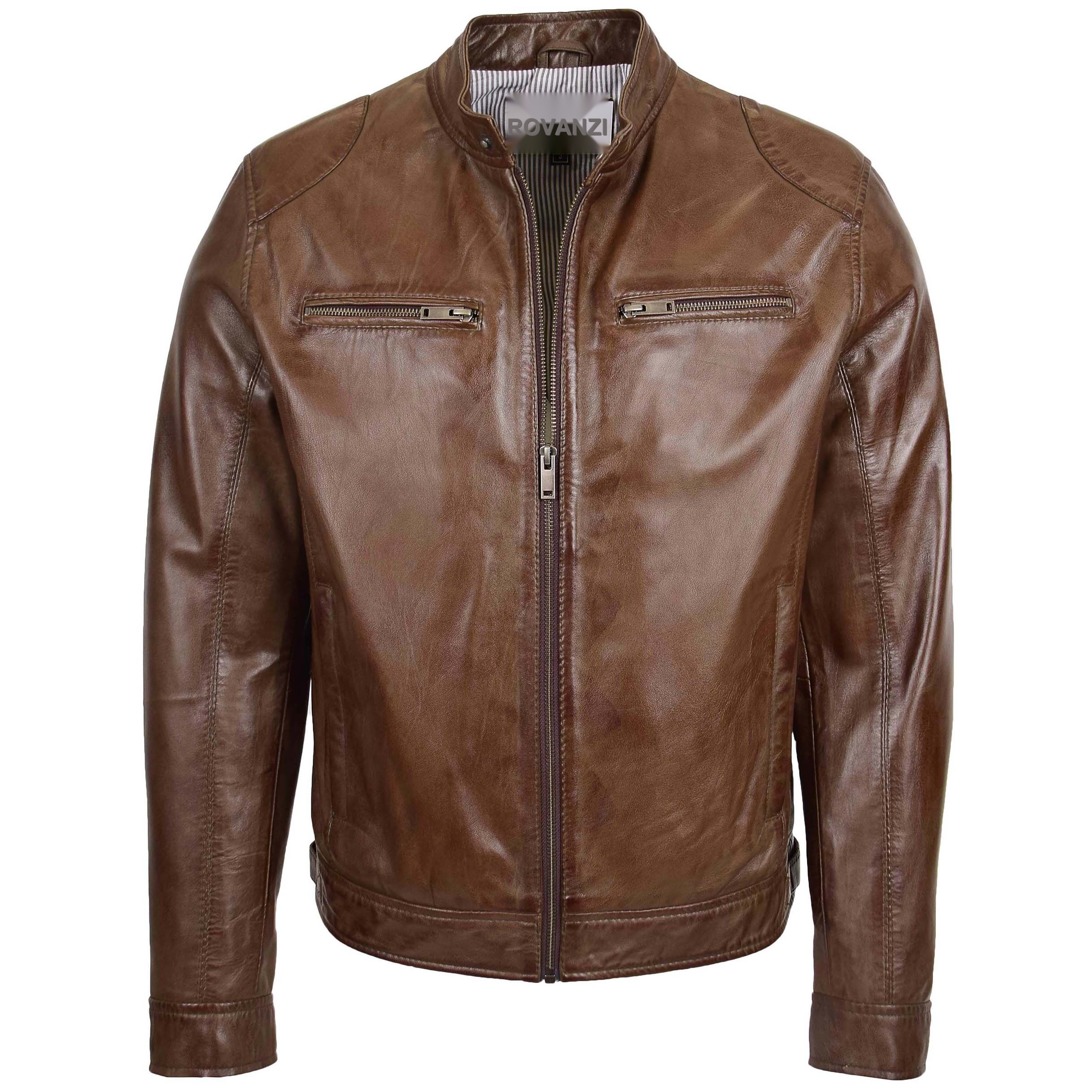BUNERI Blouson Biker en Cuir Souple Brun pour Homme