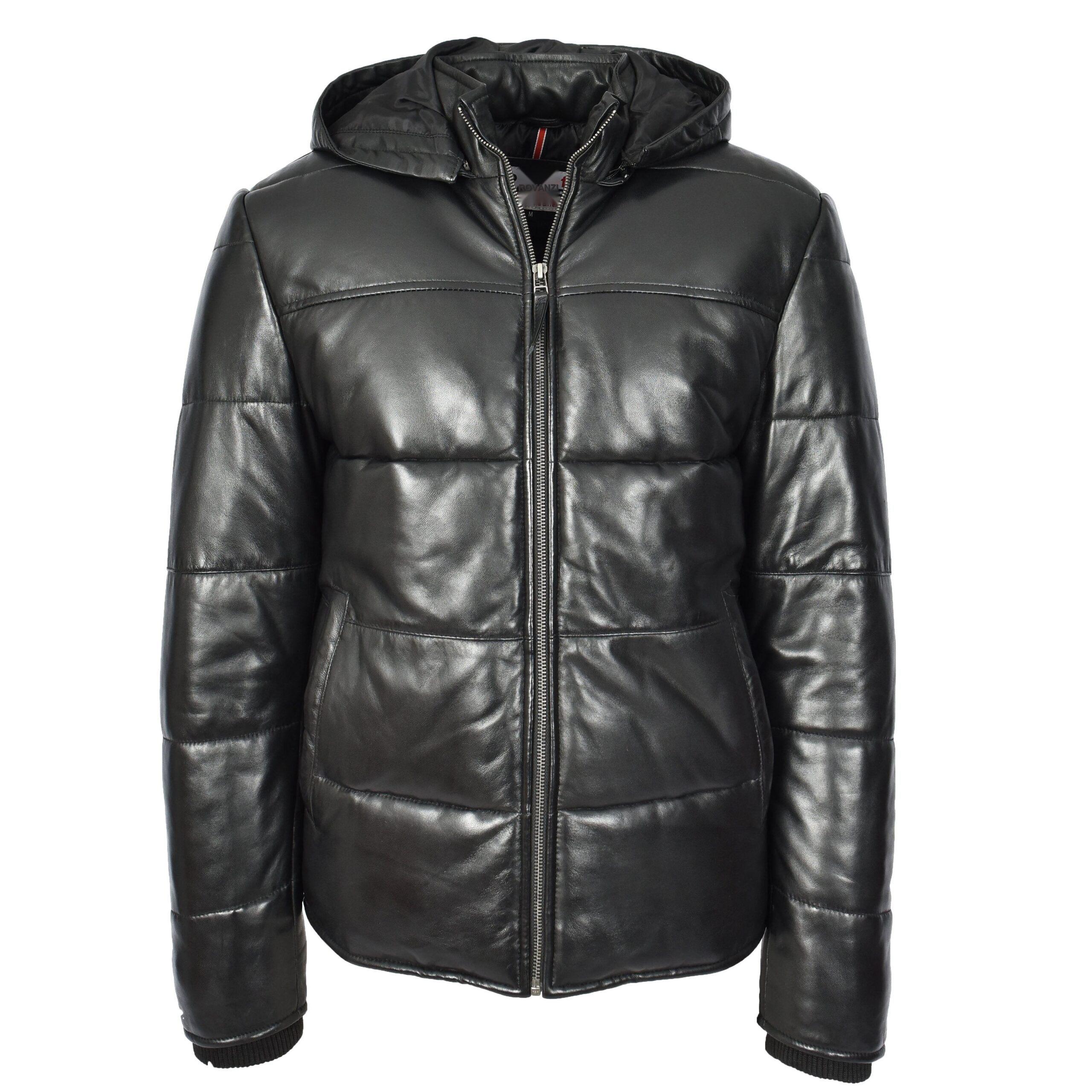 BUNERI Blouson Puffer en Cuir Noir pour Homme à Capuche Amovible