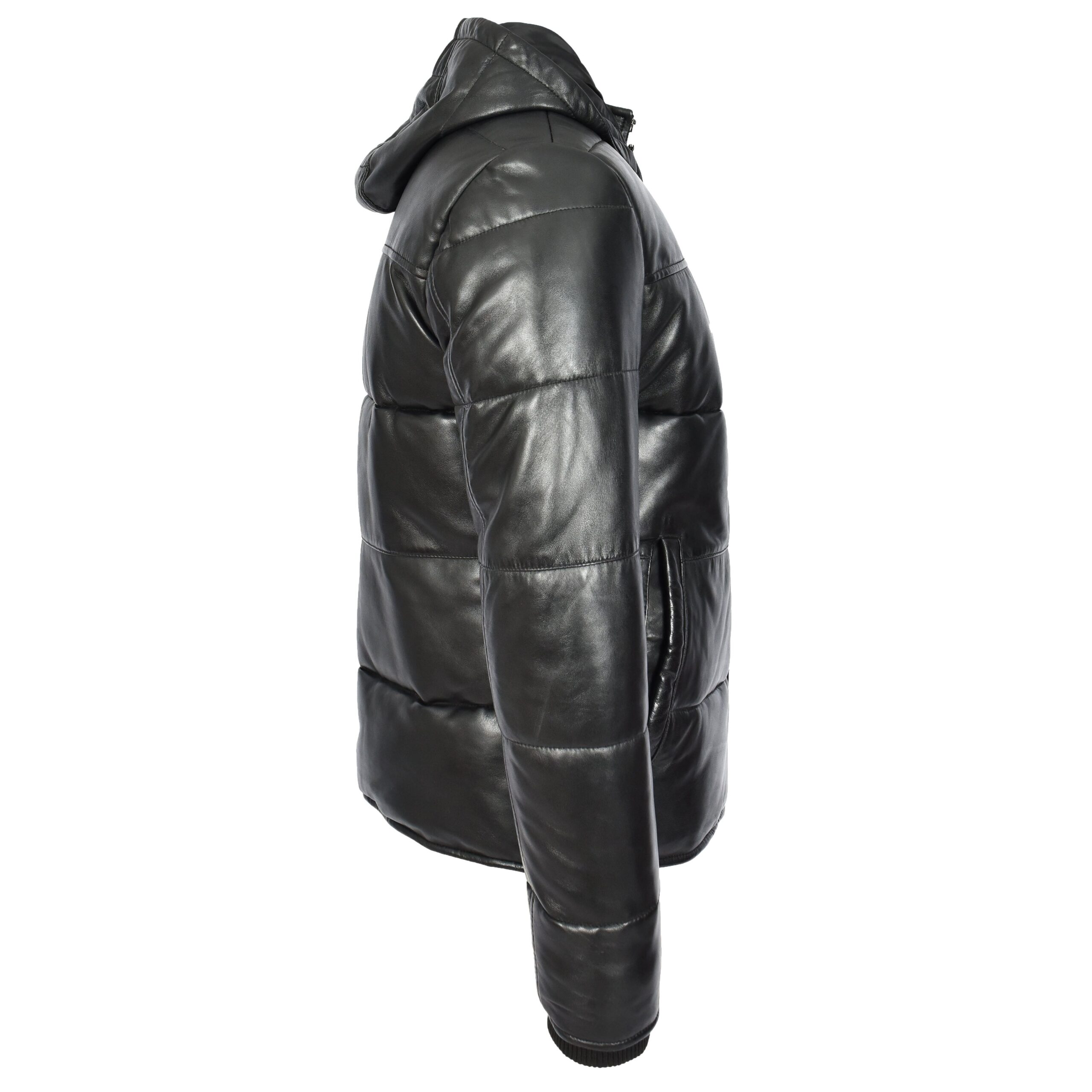 BUNERI Blouson Puffer en Cuir Noir pour Homme à Capuche Amovible – Image 3