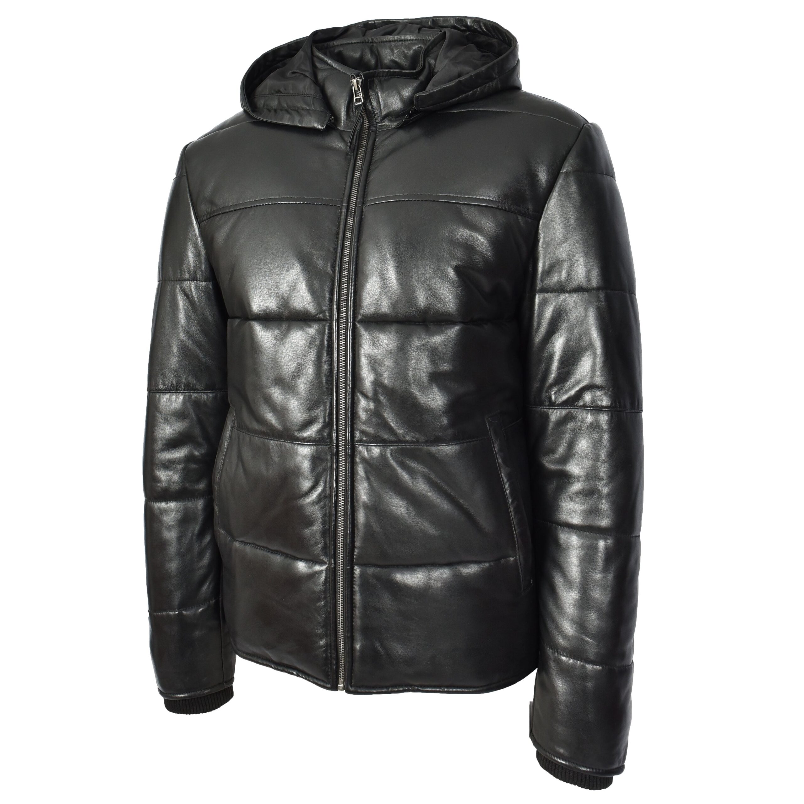 BUNERI Blouson Puffer en Cuir Noir pour Homme à Capuche Amovible – Image 4