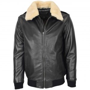 BUNERI Bomber Cuir Viggo Noir avec Col Mouton