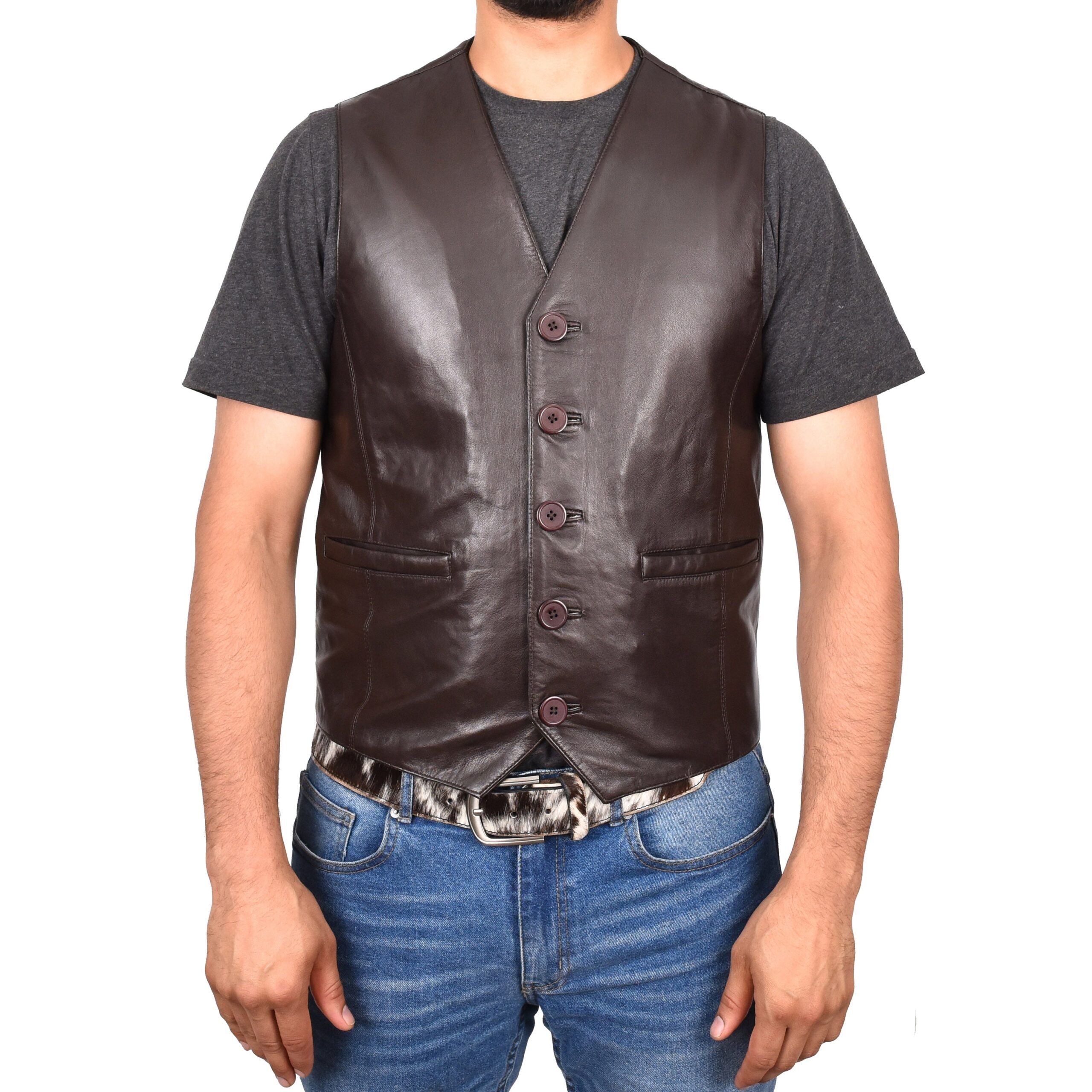 BUNERI Gilet en Cuir Marron pour Homme à Boutonnage