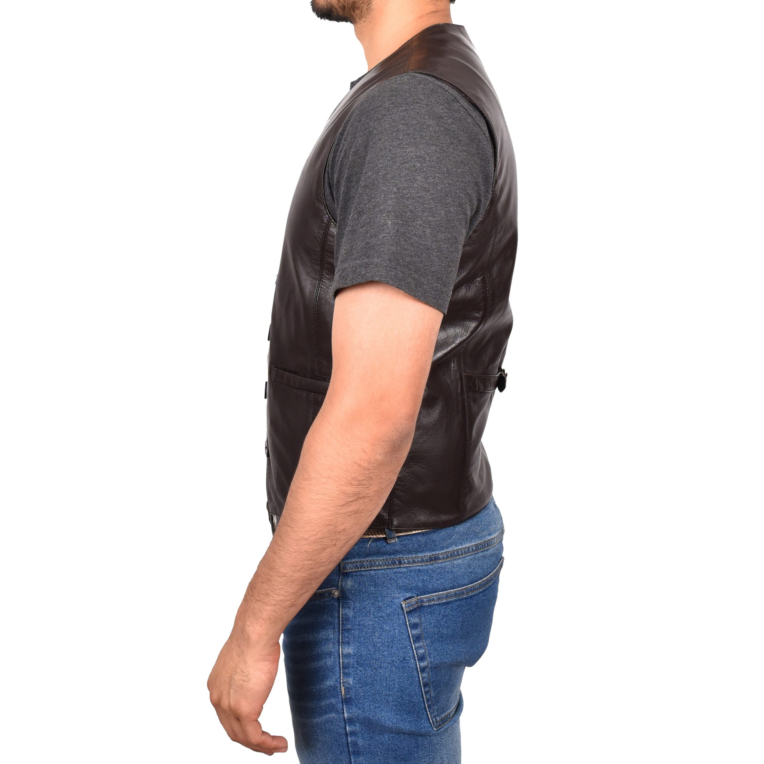 BUNERI Gilet en Cuir Marron pour Homme à Boutonnage – Image 3