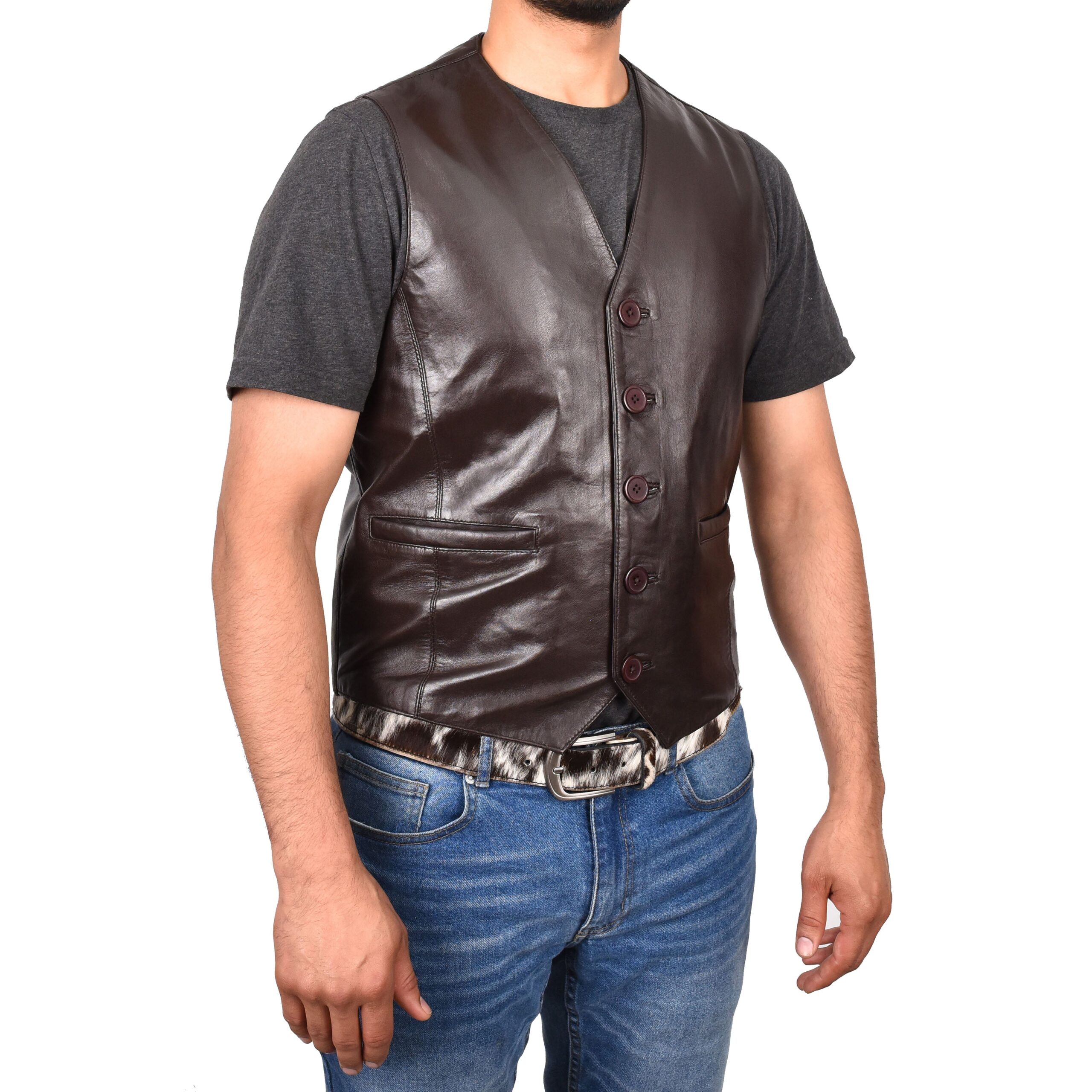 BUNERI Gilet en Cuir Marron pour Homme à Boutonnage – Image 4