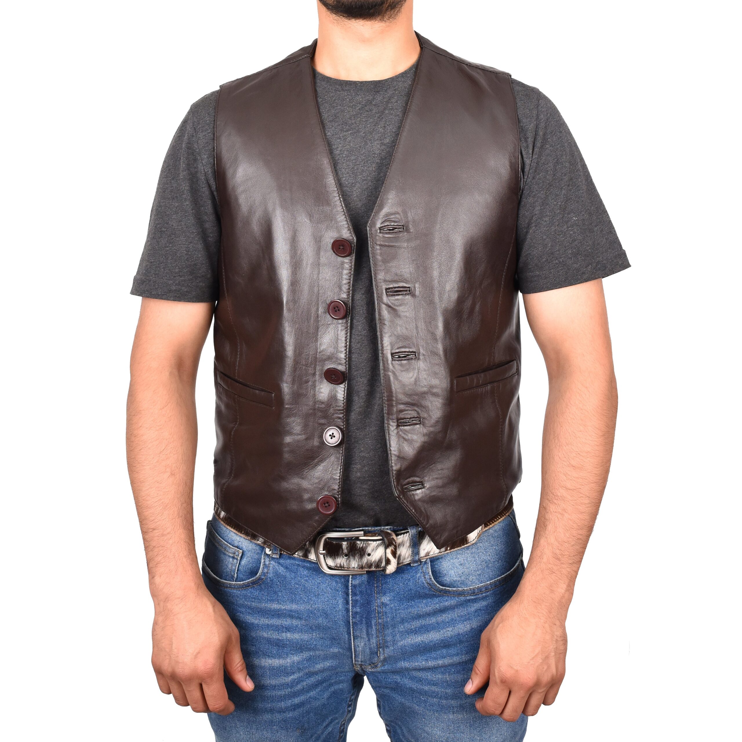 BUNERI Gilet en Cuir Marron pour Homme à Boutonnage – Image 5