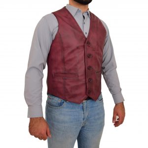BUNERI Gilet en Cuir Bordeaux pour Homme à Boutonnage