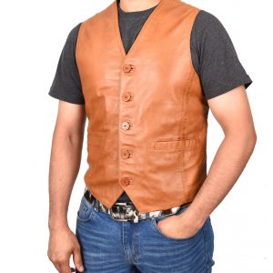 BUNERI Gilet en Cuir Tan pour Homme à Boutonnage