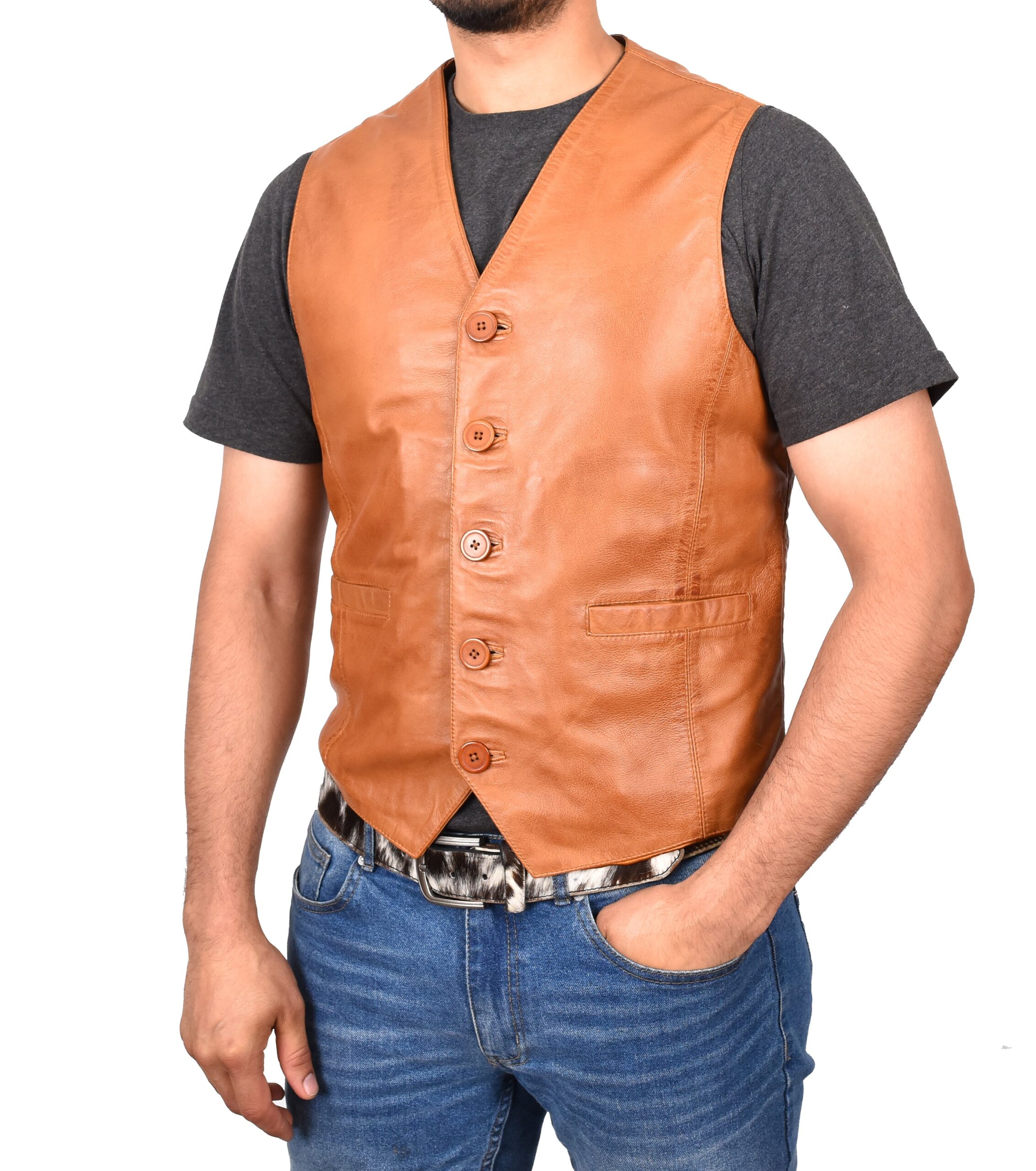 BUNERI Gilet en Cuir Tan pour Homme à Boutonnage