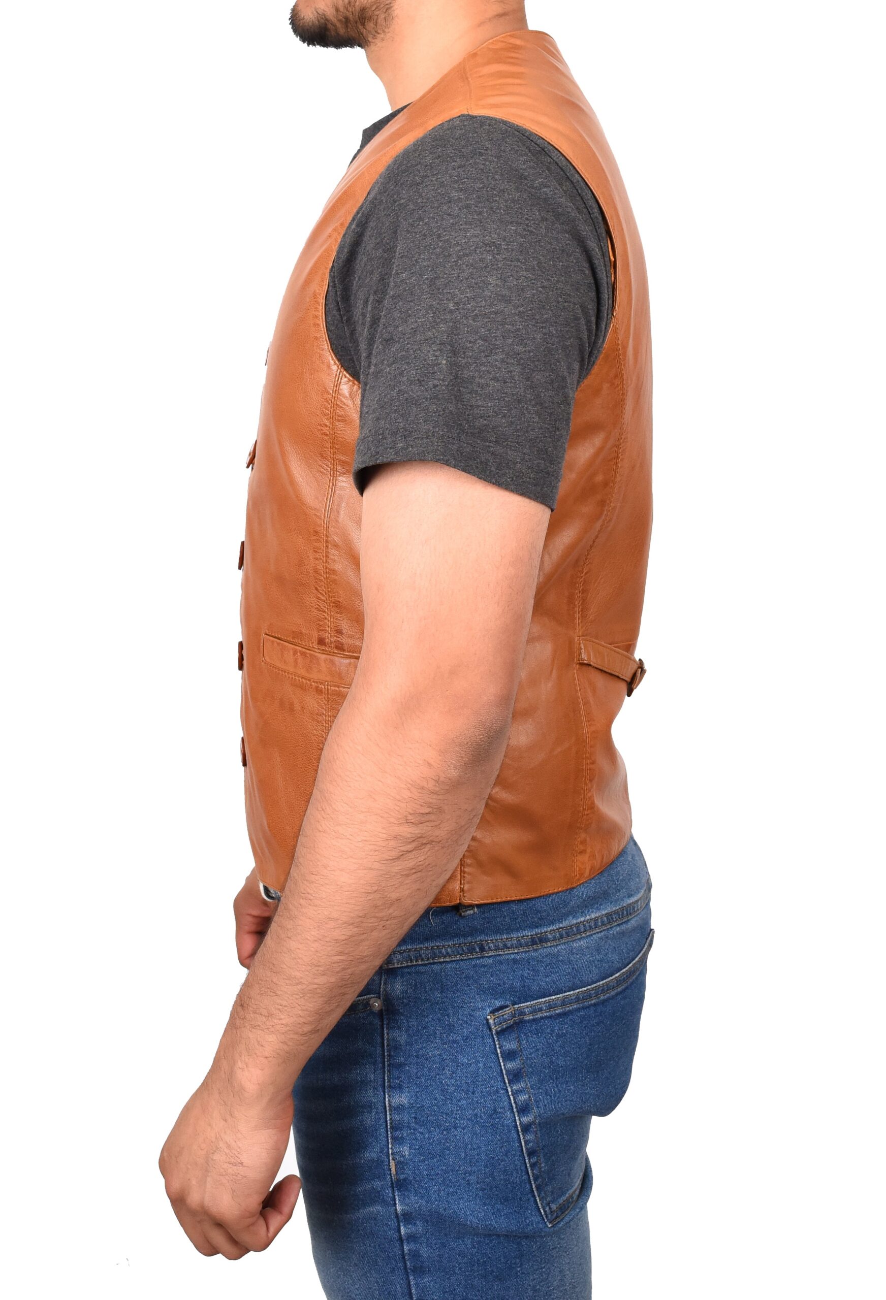 BUNERI Gilet en Cuir Tan pour Homme à Boutonnage – Image 3