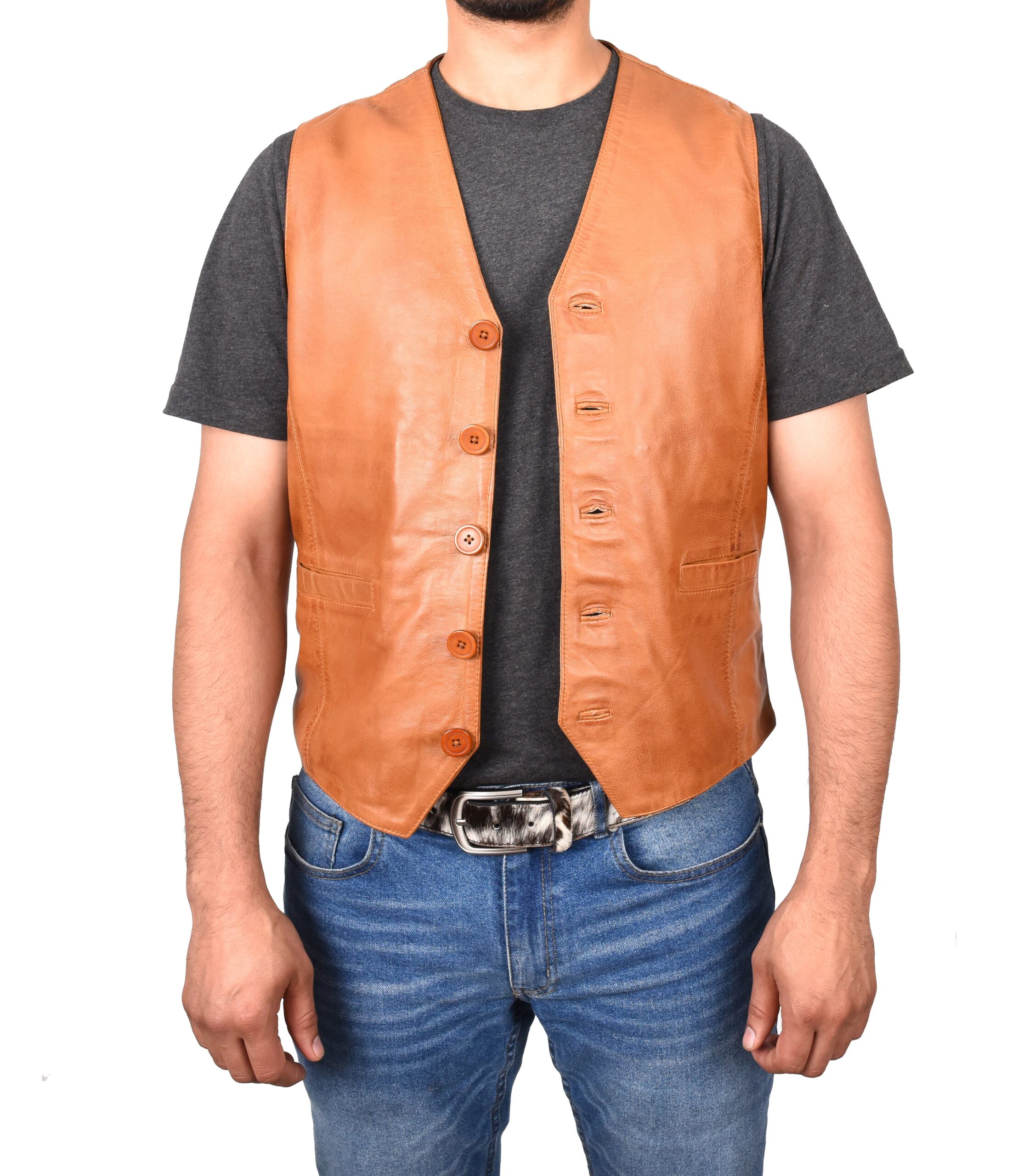 BUNERI Gilet en Cuir Tan pour Homme à Boutonnage – Image 4