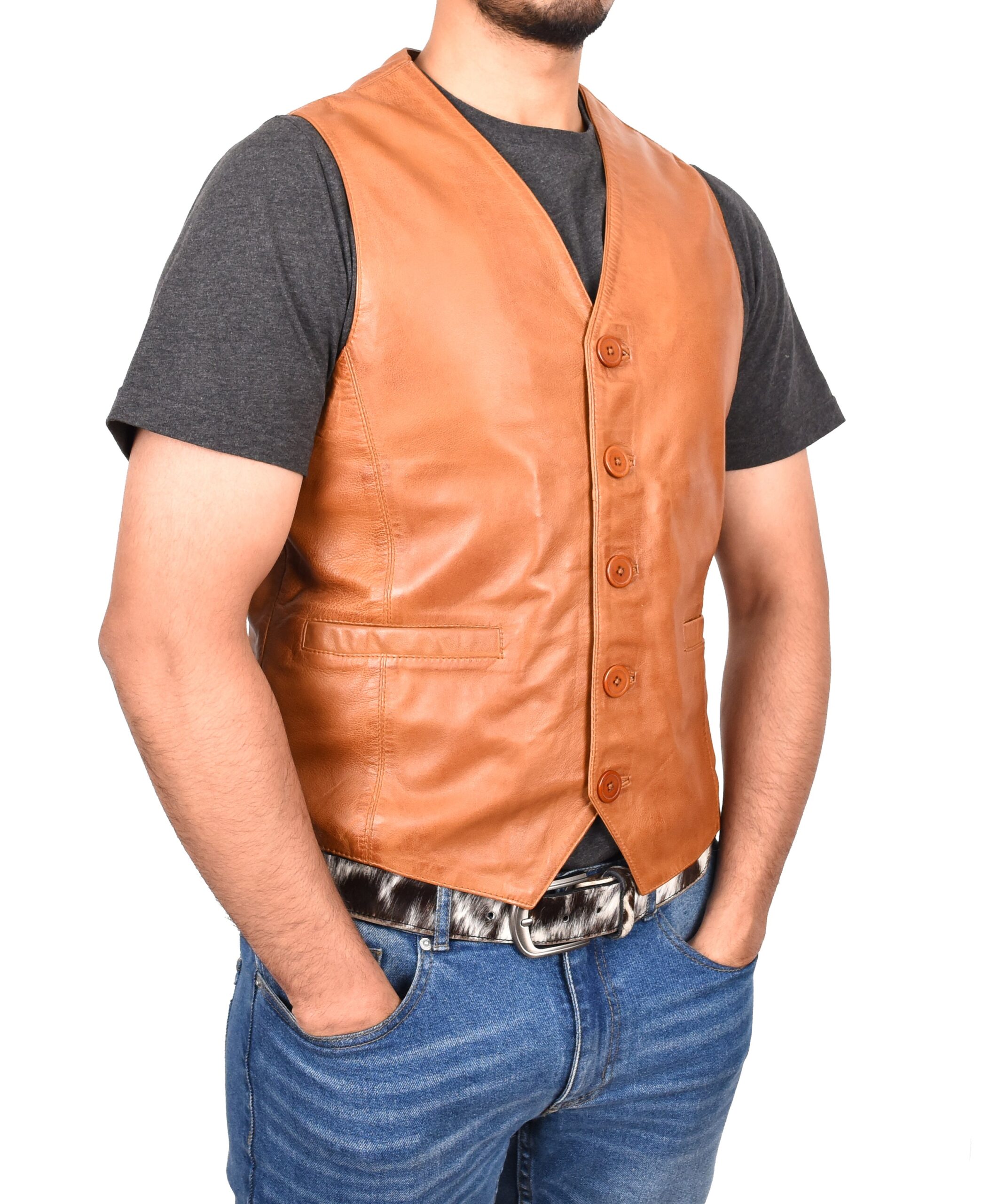 BUNERI Gilet en Cuir Tan pour Homme à Boutonnage – Image 5