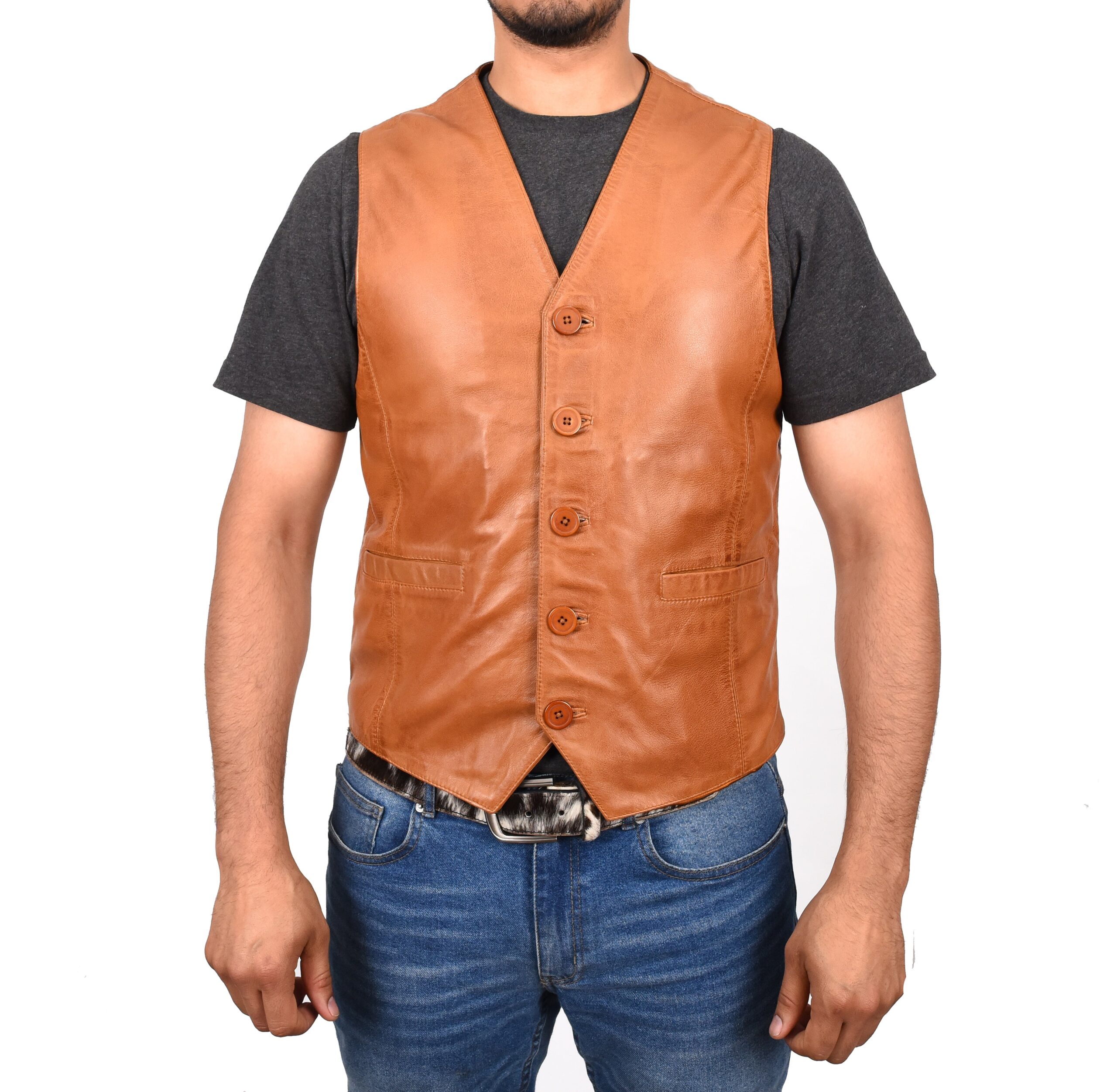 BUNERI Gilet en Cuir Tan pour Homme à Boutonnage – Image 6