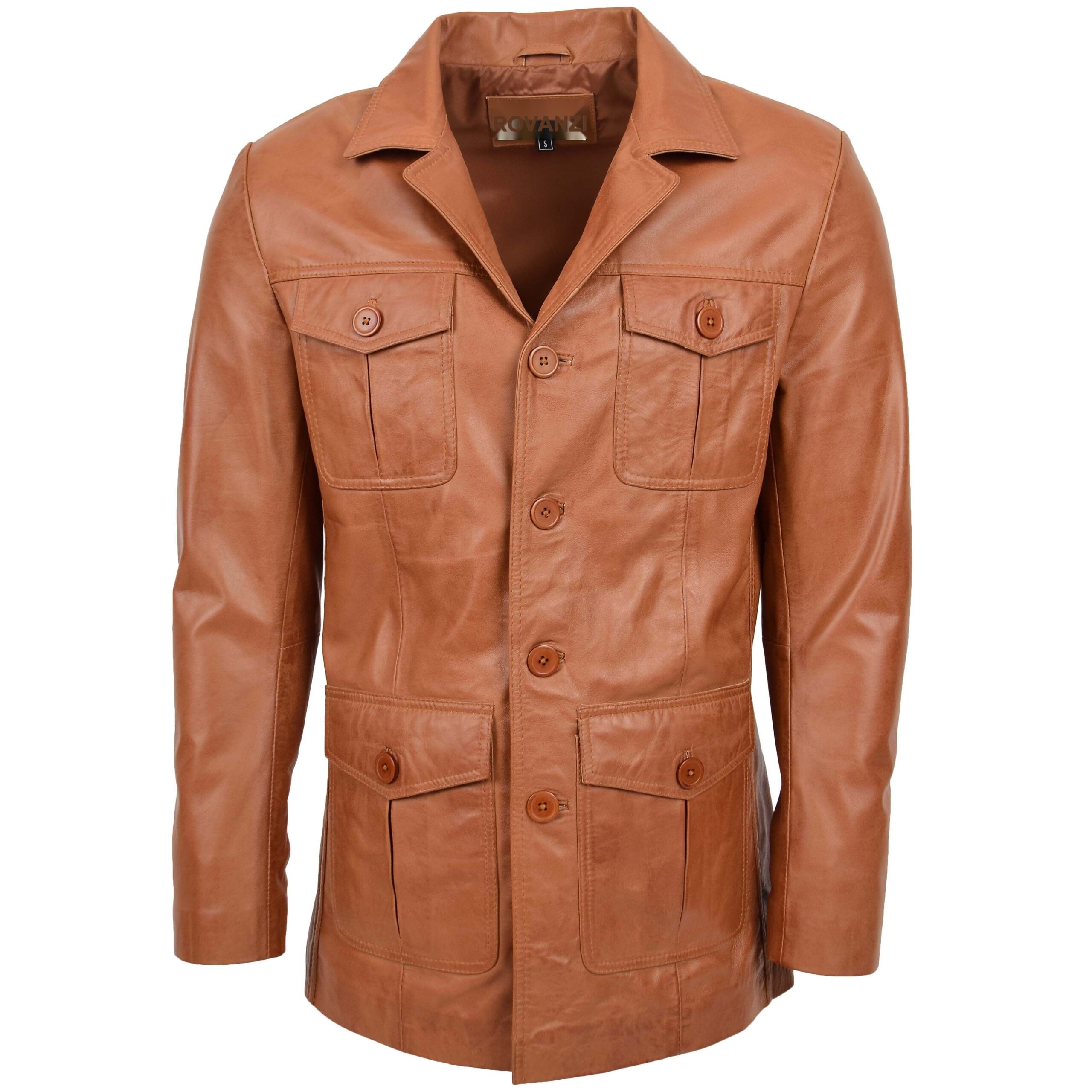 BUNERI Blouson Reefer en Cuir Tan pour Homme à Boutonnage