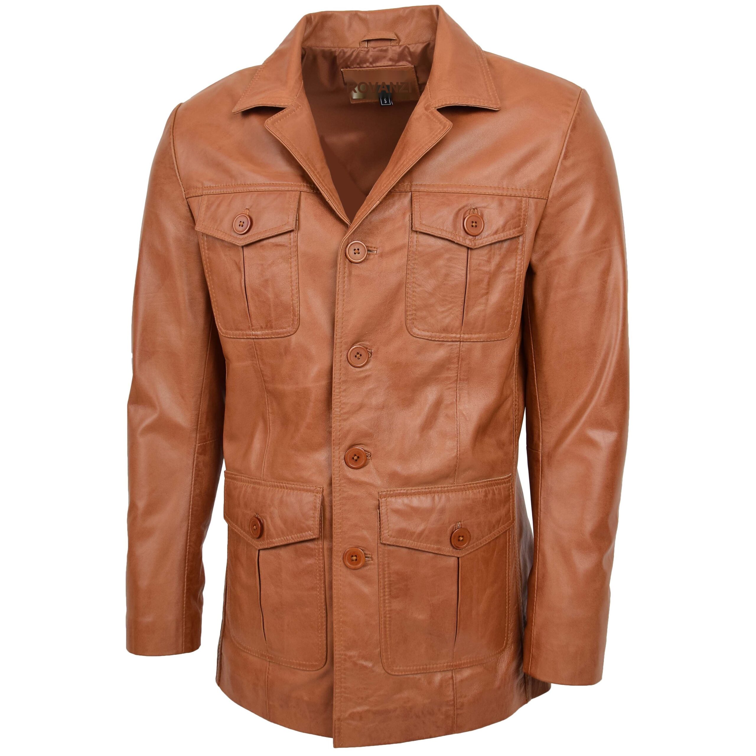 BUNERI Blouson Reefer en Cuir Tan pour Homme à Boutonnage – Image 3