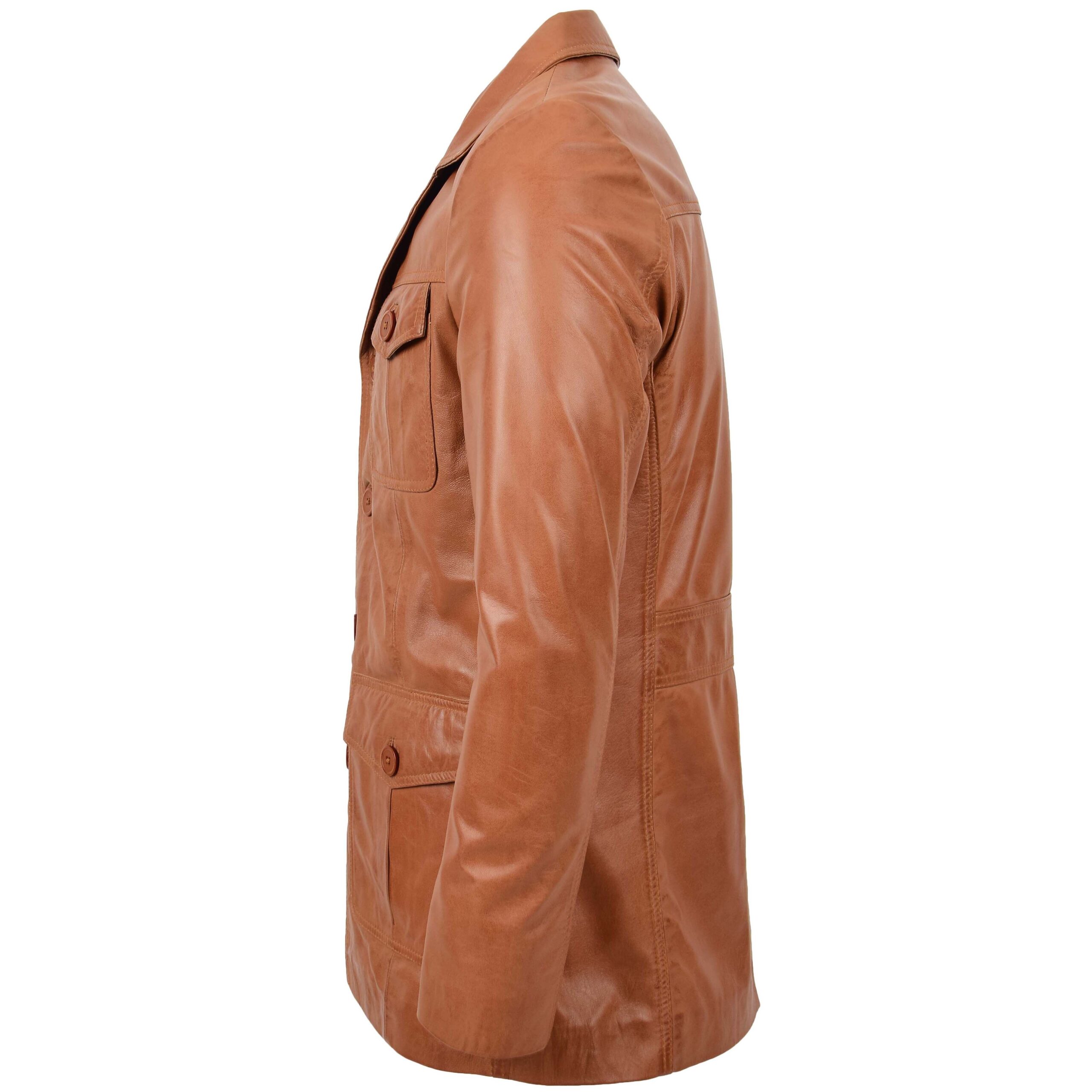 BUNERI Blouson Reefer en Cuir Tan pour Homme à Boutonnage – Image 4