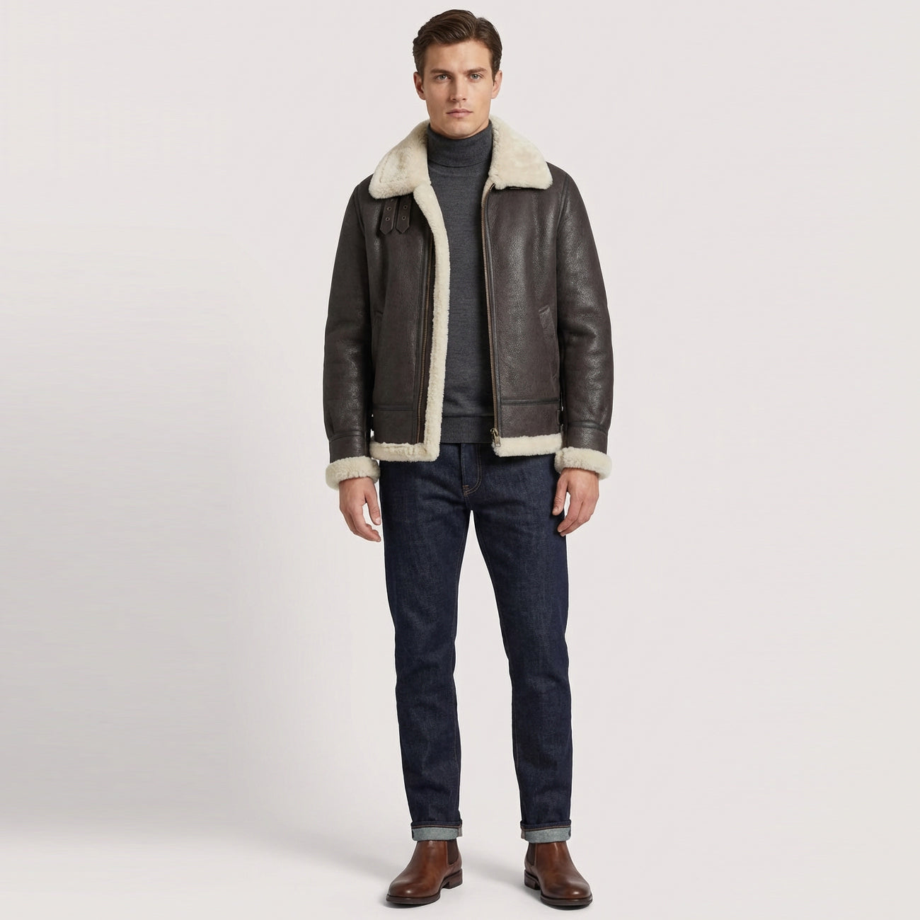 BUNERI B3 Classic Veste Homme Peau de Mouton Originale Pierre Blanc Vintage – Image 5