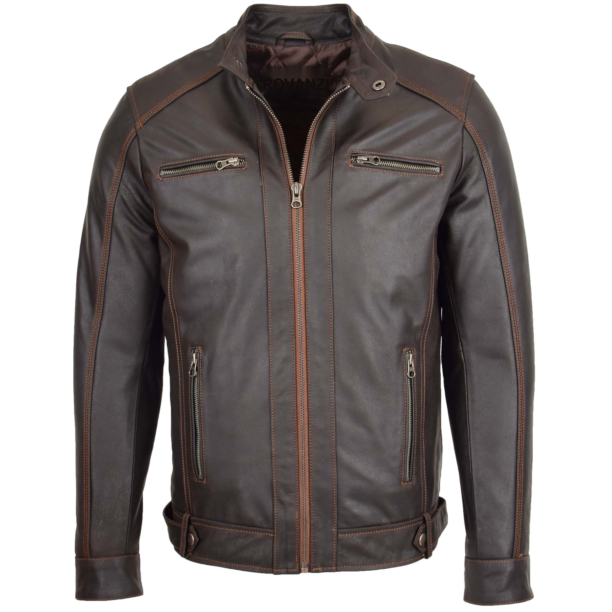 BUNERI Veste Biker en Cuir Marron Classique à Zip pour Homme