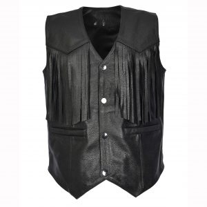 BUNERI Gilet Biker en Cuir de Vachette pour Homme Franges Western Noir