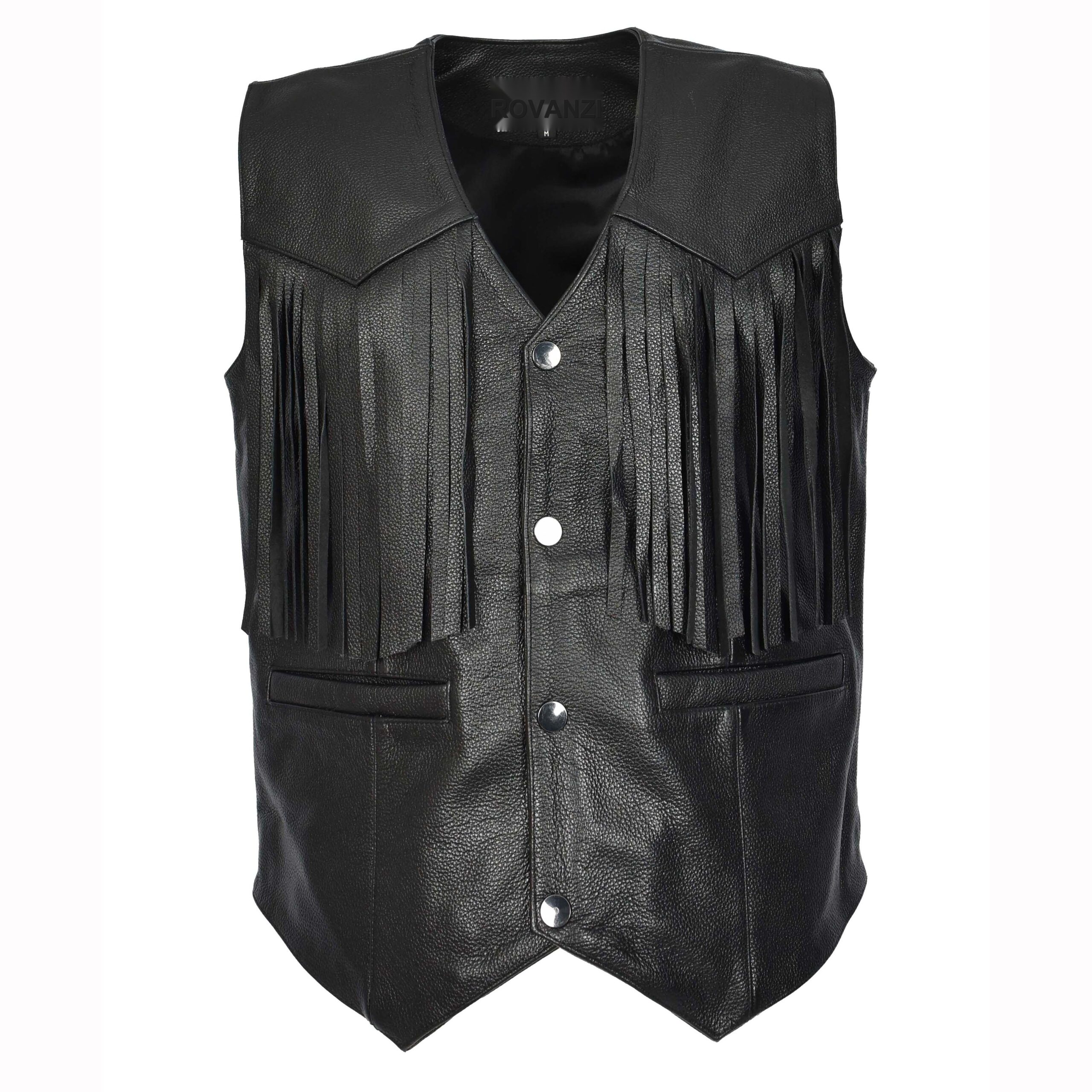 BUNERI Gilet Biker en Cuir de Vachette pour Homme Franges Western Noir