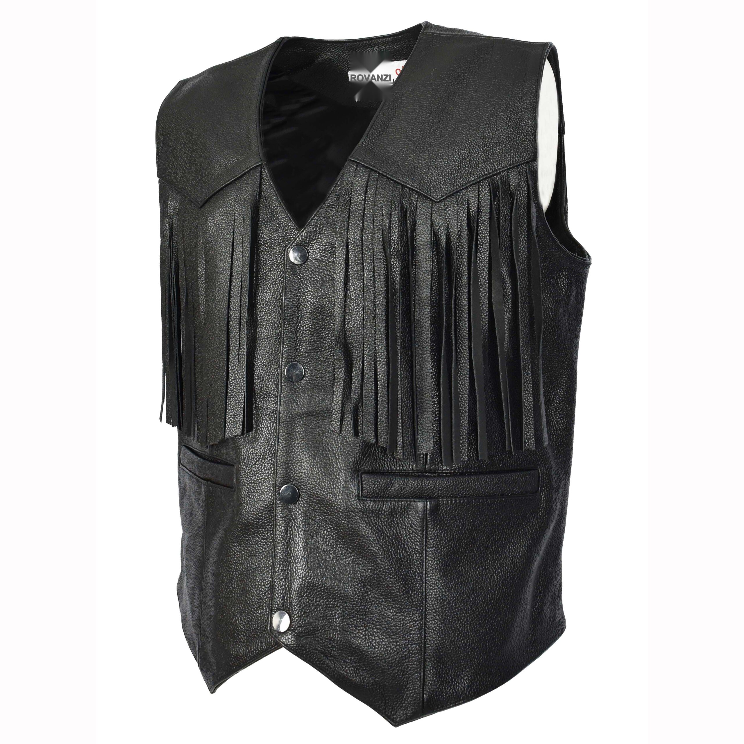 BUNERI Gilet Biker en Cuir de Vachette pour Homme Franges Western Noir – Image 5