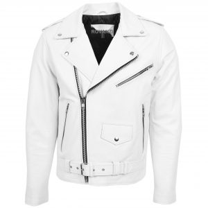 BUNERI Blouson Biker en Cuir Blanc Lourd Style Brando pour Homme