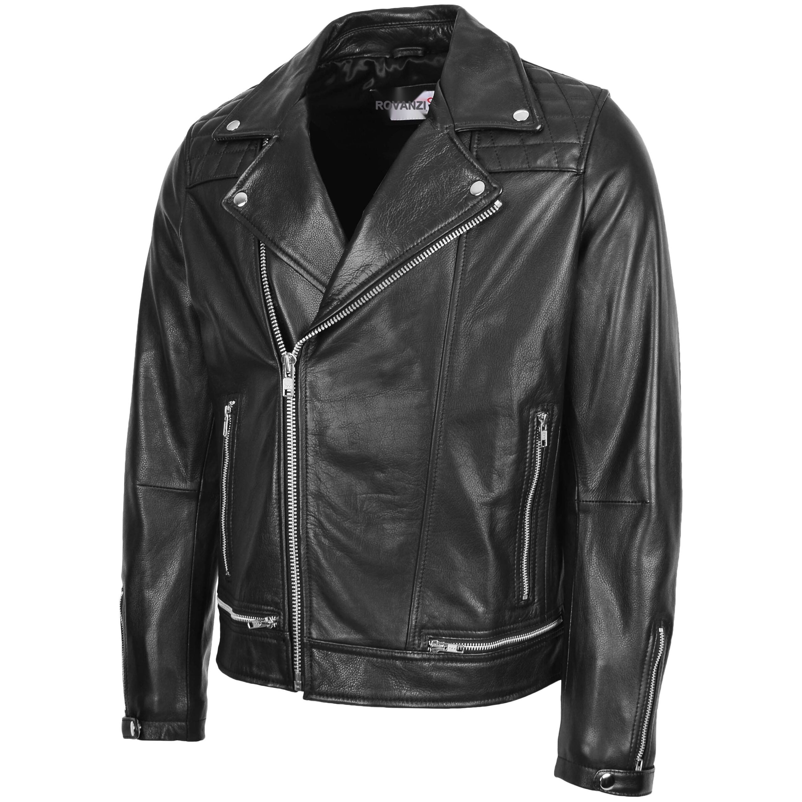 Veste Biker en Cuir Design Brando pour Homme Noir (4)