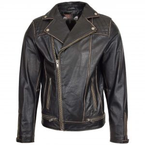 BUNERI Veste Biker en Cuir Design Brando pour Homme Noir Vintage