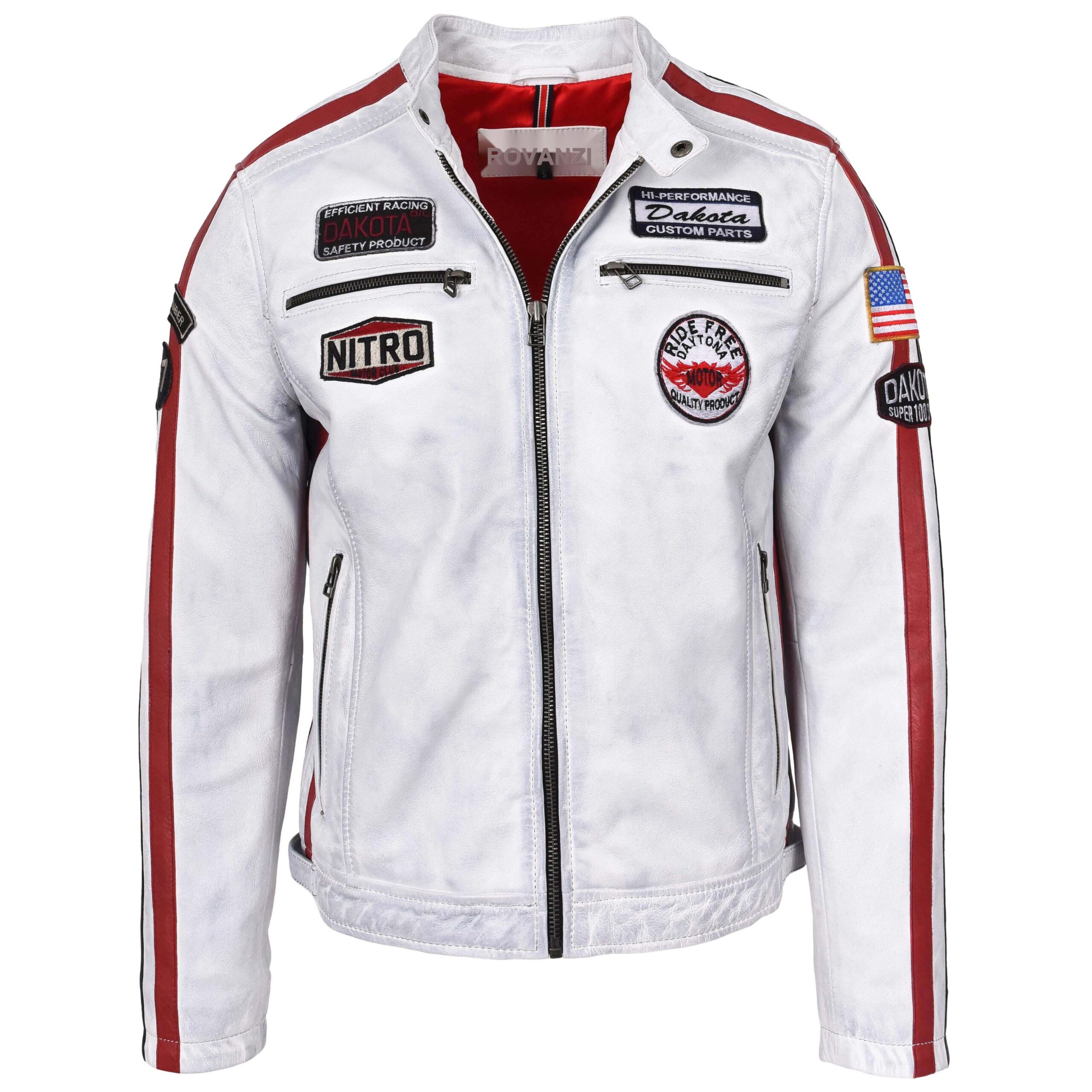 BUNERI Veste Biker Homme Cuir Logos Motorsport Blanc Vintage