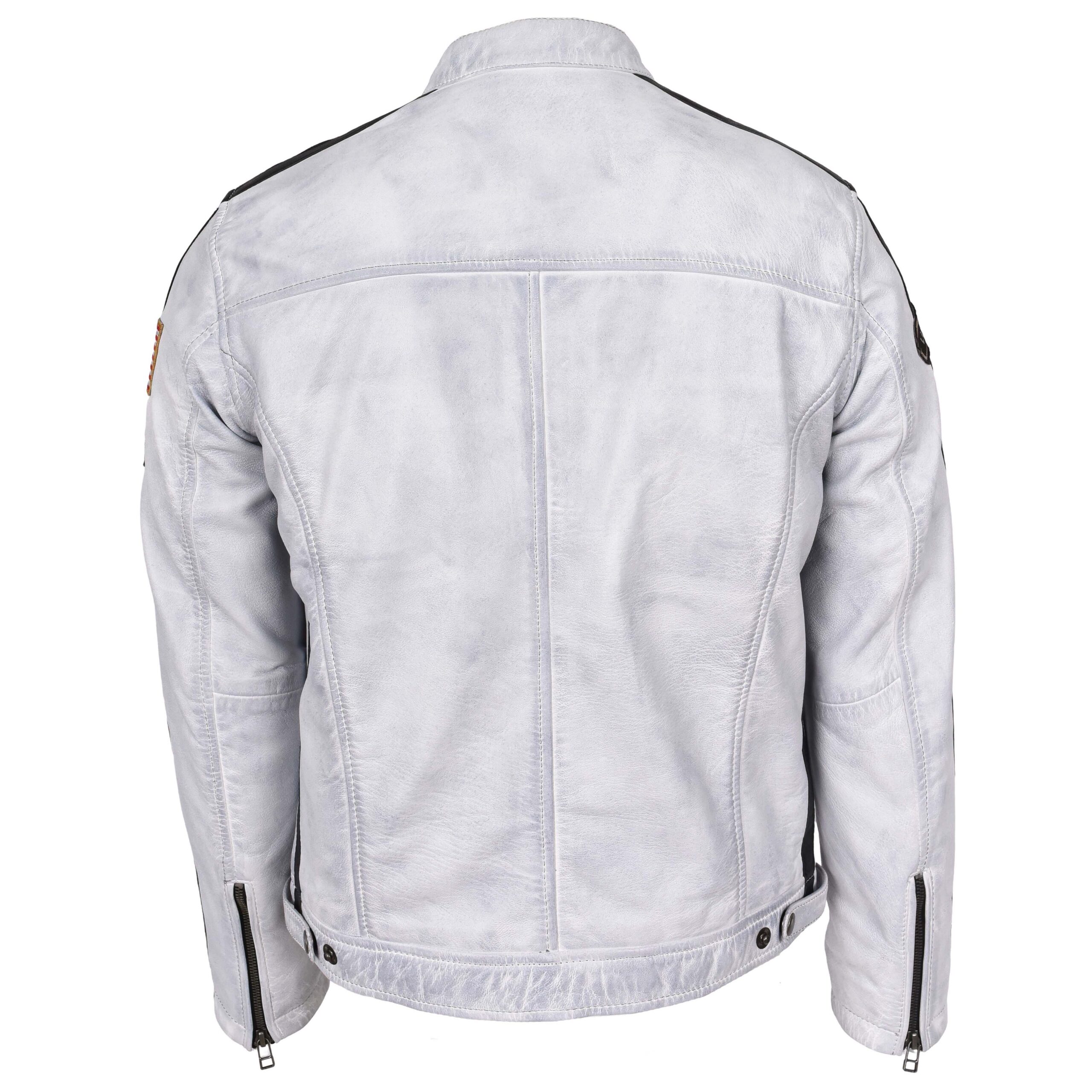 BUNERI Veste Biker Homme Cuir Logos Motorsport Blanc Vintage – Image 2