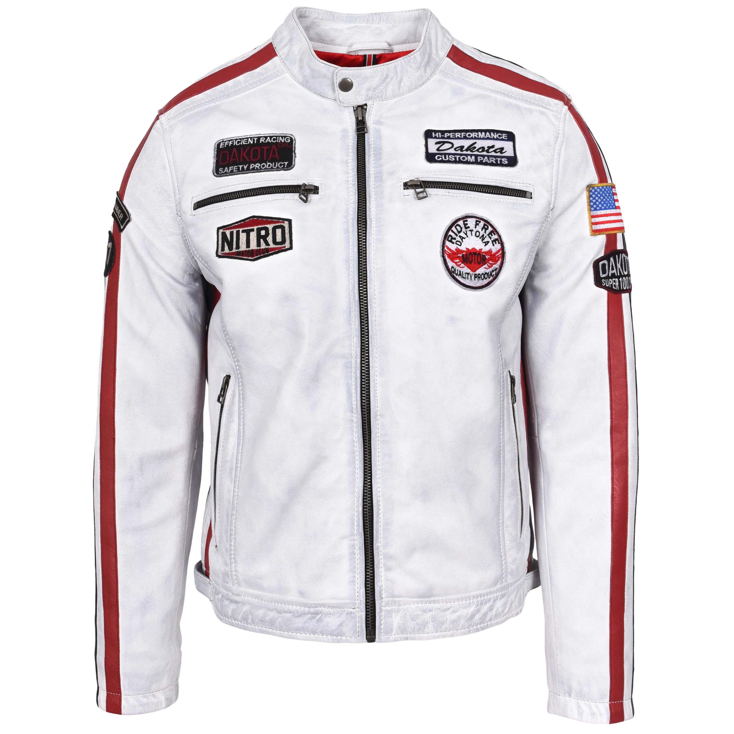 BUNERI Veste Biker Homme Cuir Logos Motorsport Blanc Vintage – Image 3