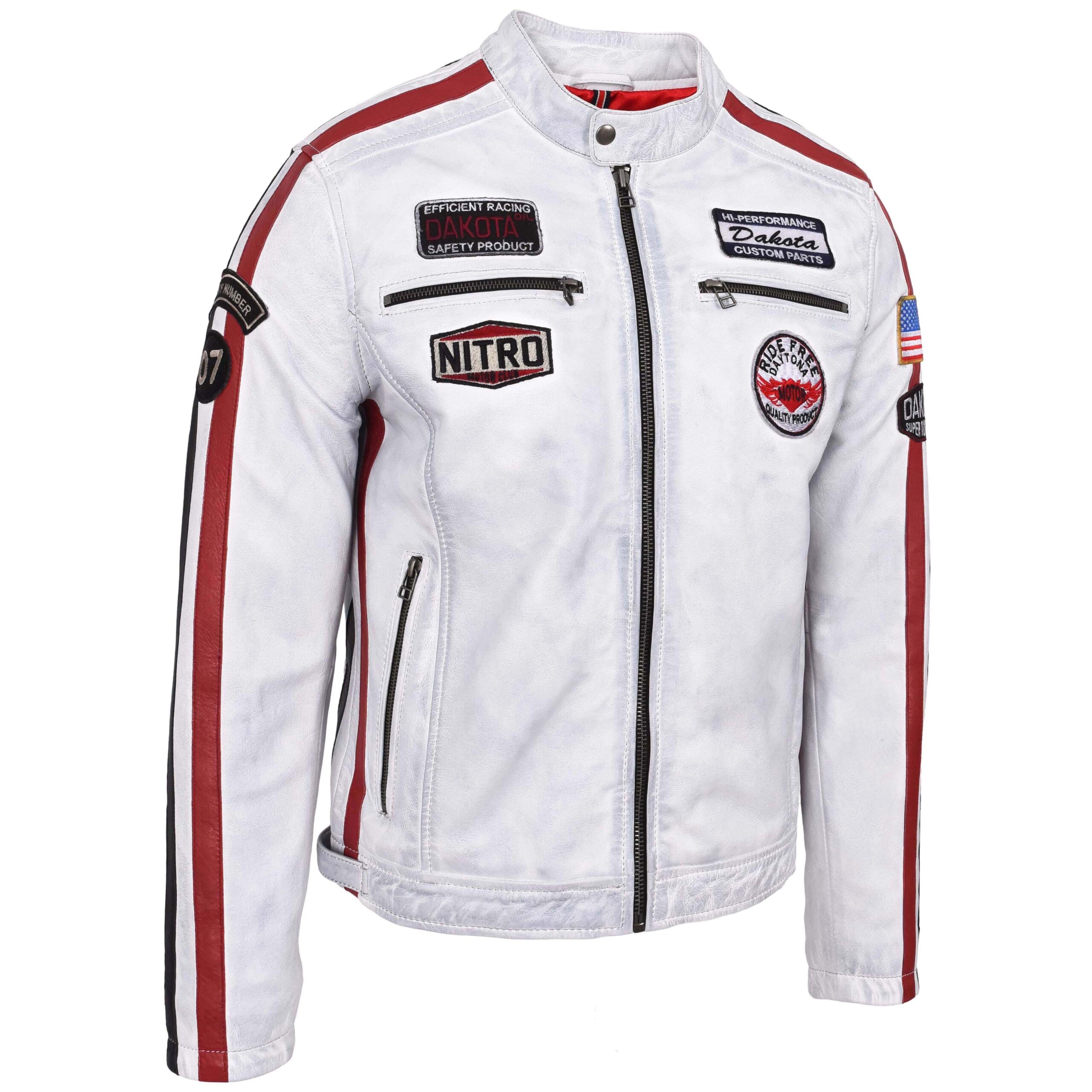 BUNERI Veste Biker Homme Cuir Logos Motorsport Blanc Vintage – Image 4