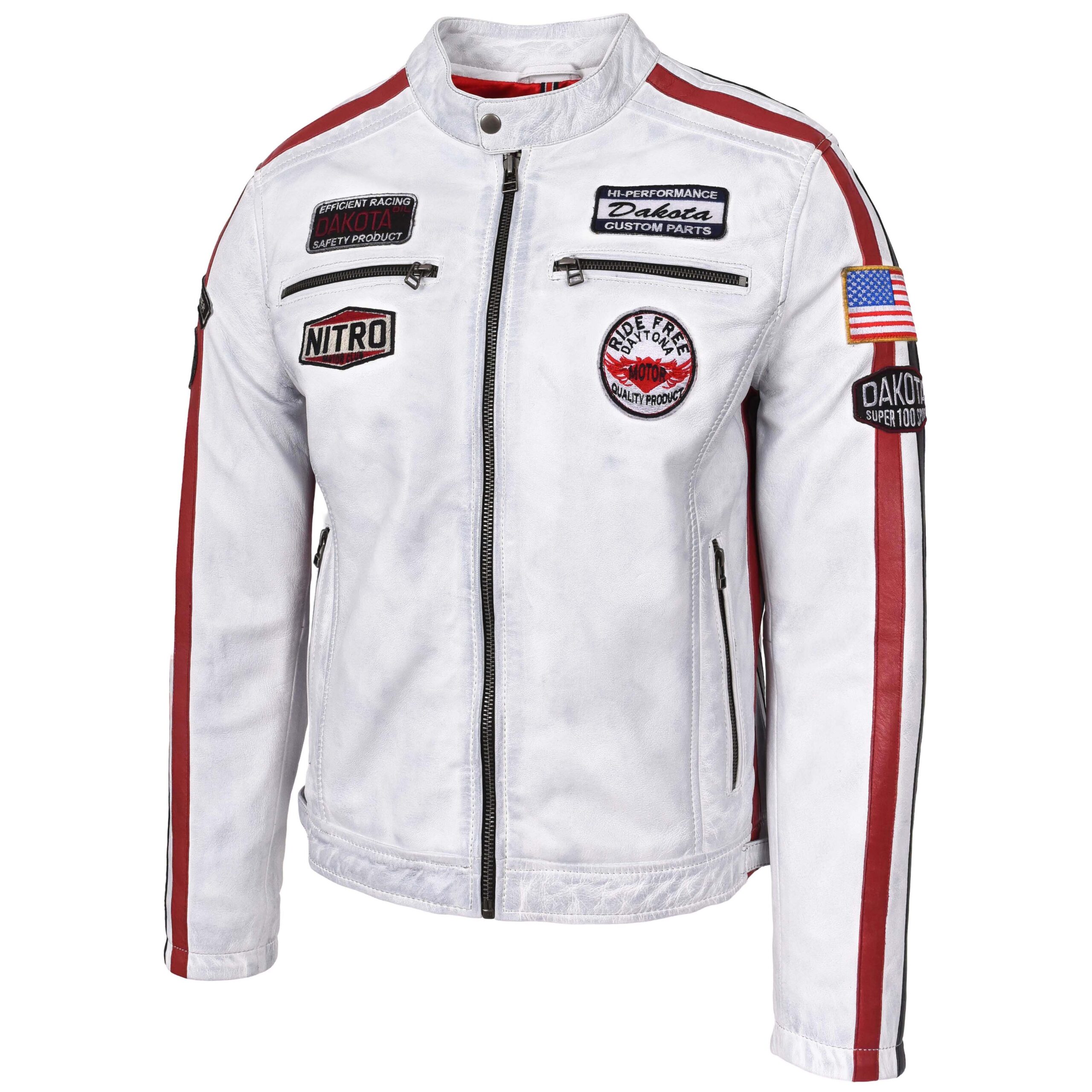 BUNERI Veste Biker Homme Cuir Logos Motorsport Blanc Vintage – Image 5