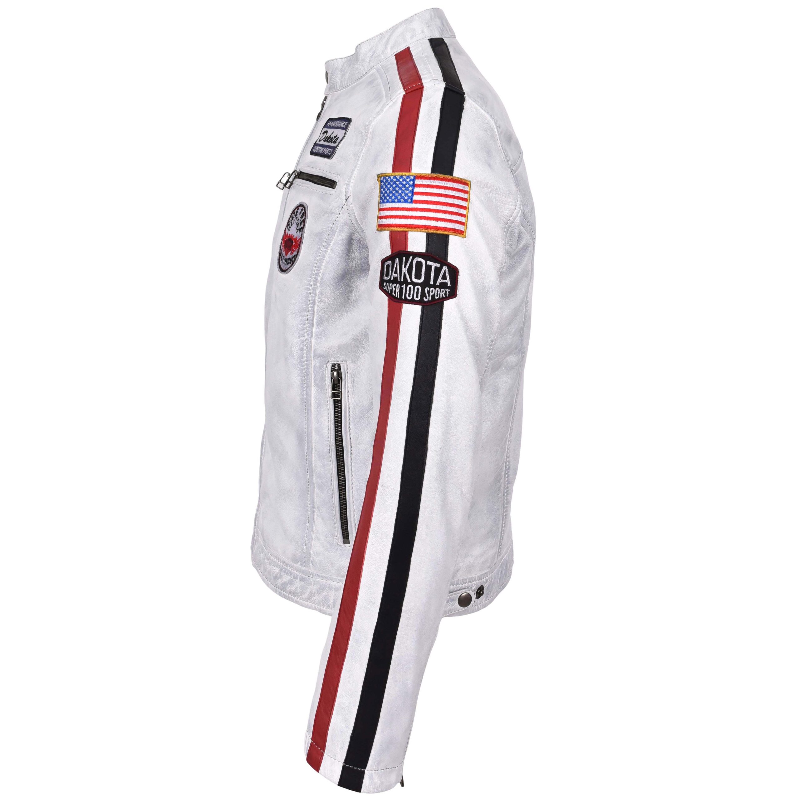 BUNERI Veste Biker Homme Cuir Logos Motorsport Blanc Vintage – Image 6