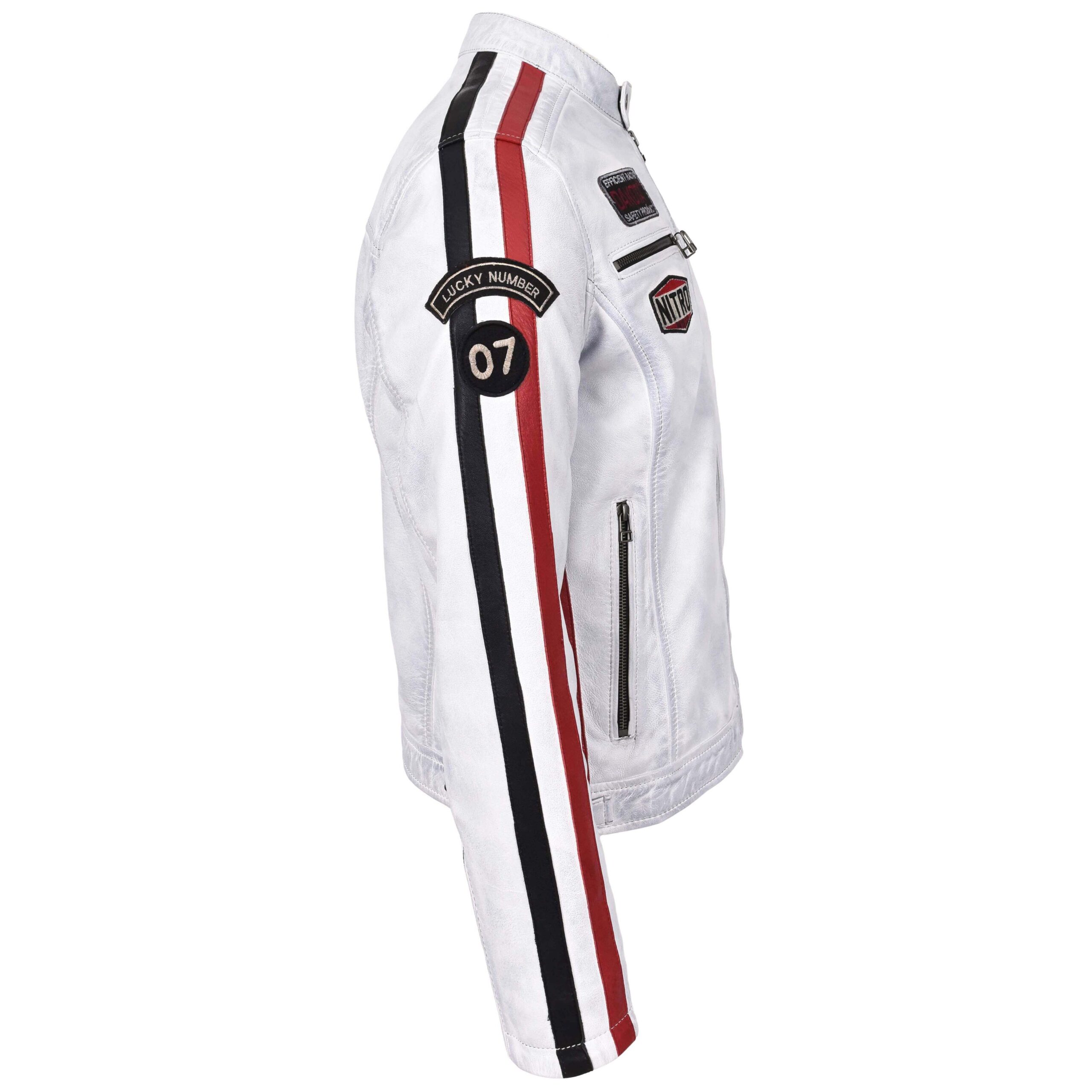 BUNERI Veste Biker Homme Cuir Logos Motorsport Blanc Vintage – Image 7