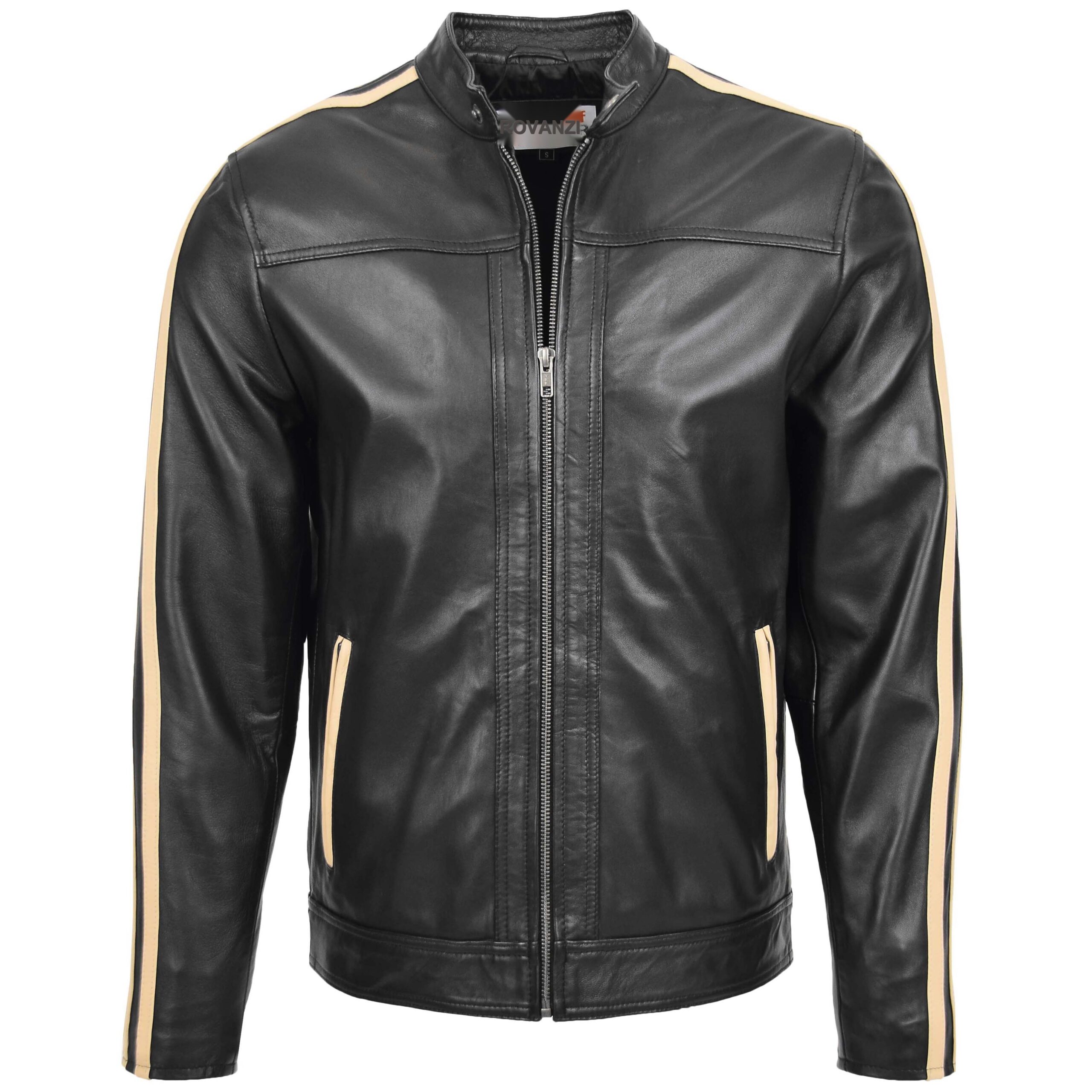 BUNERI Blouson Biker en Cuir Noir pour Homme avec Bandes de Course