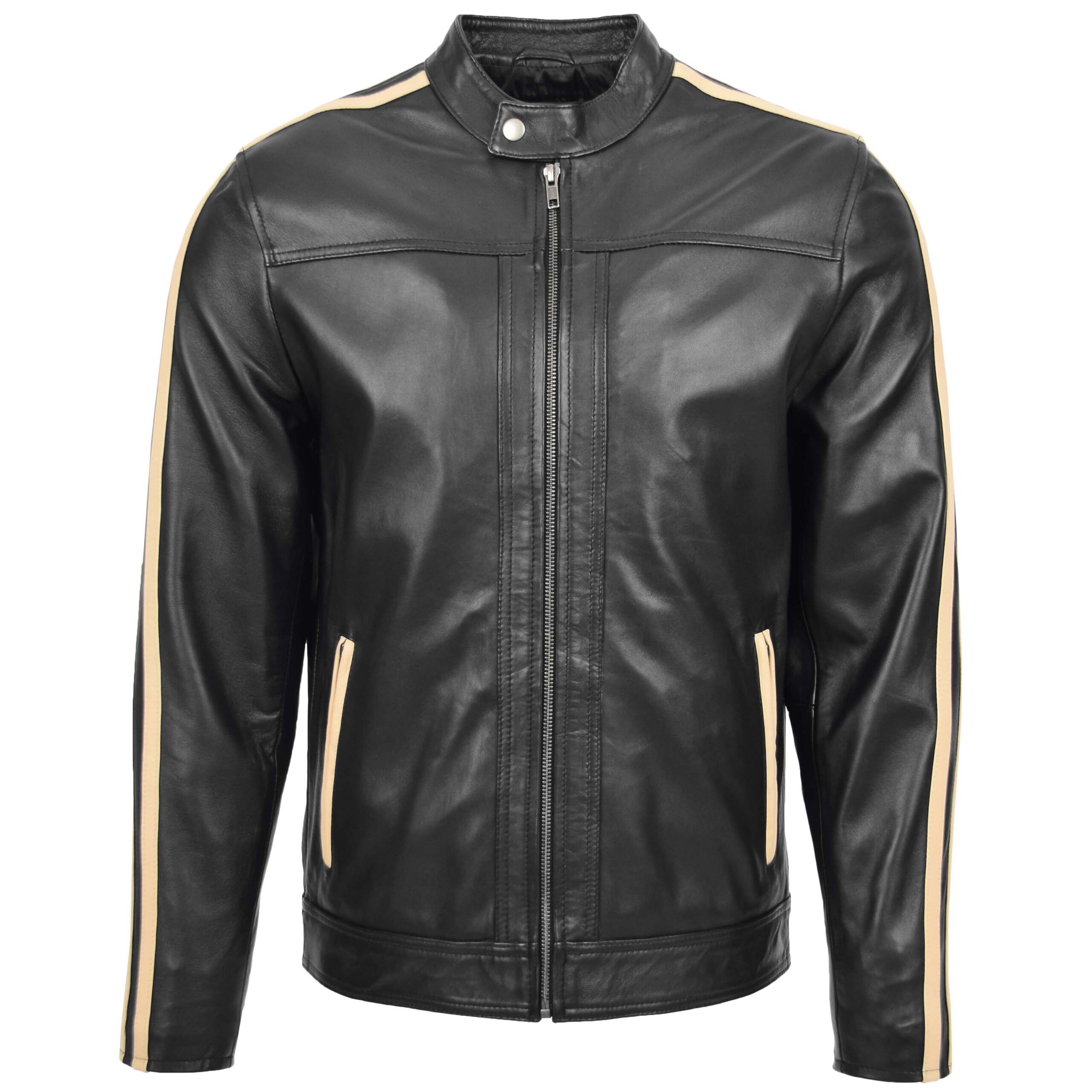 BUNERI Blouson Biker en Cuir Noir pour Homme avec Bandes de Course – Image 3
