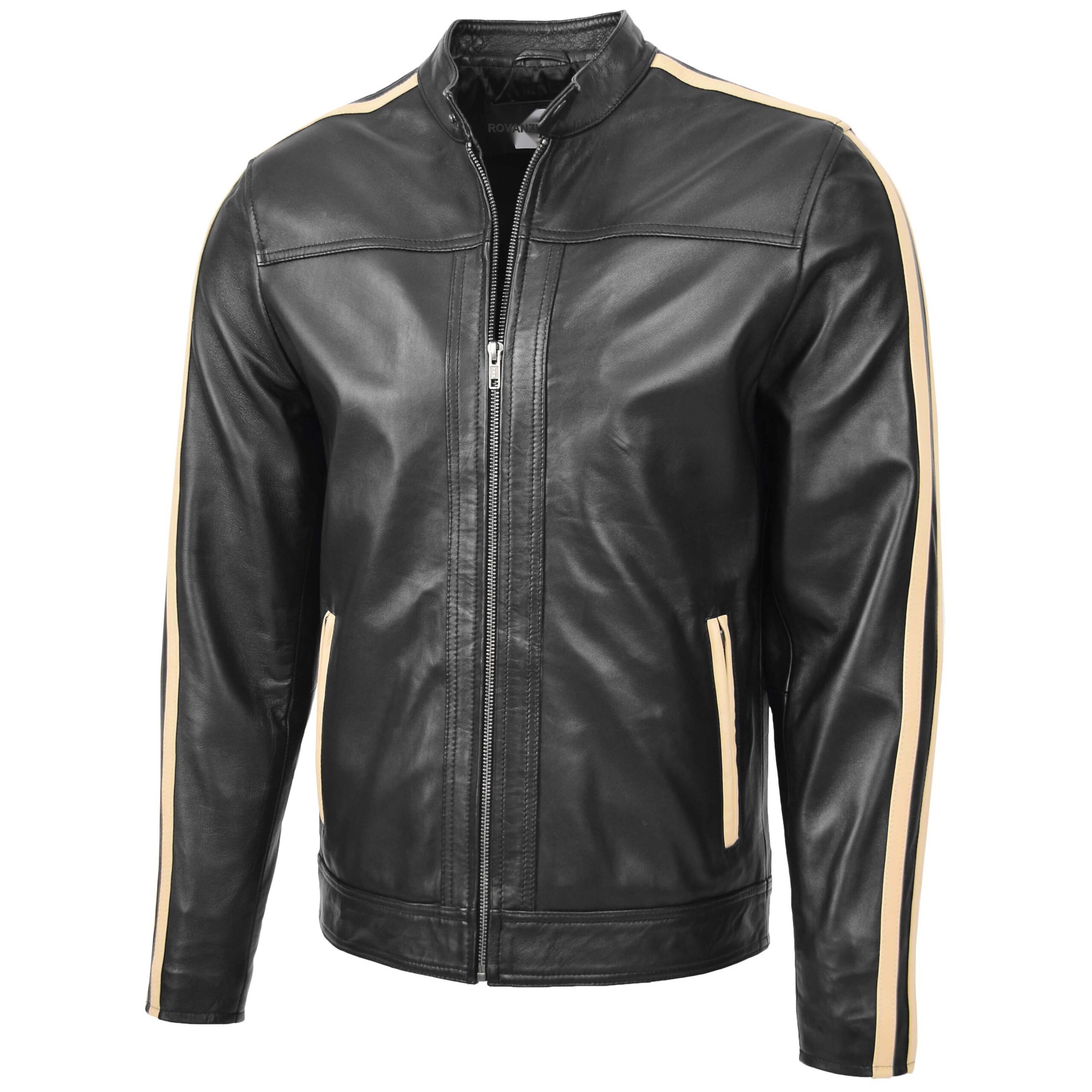 BUNERI Blouson Biker en Cuir Noir pour Homme avec Bandes de Course – Image 4