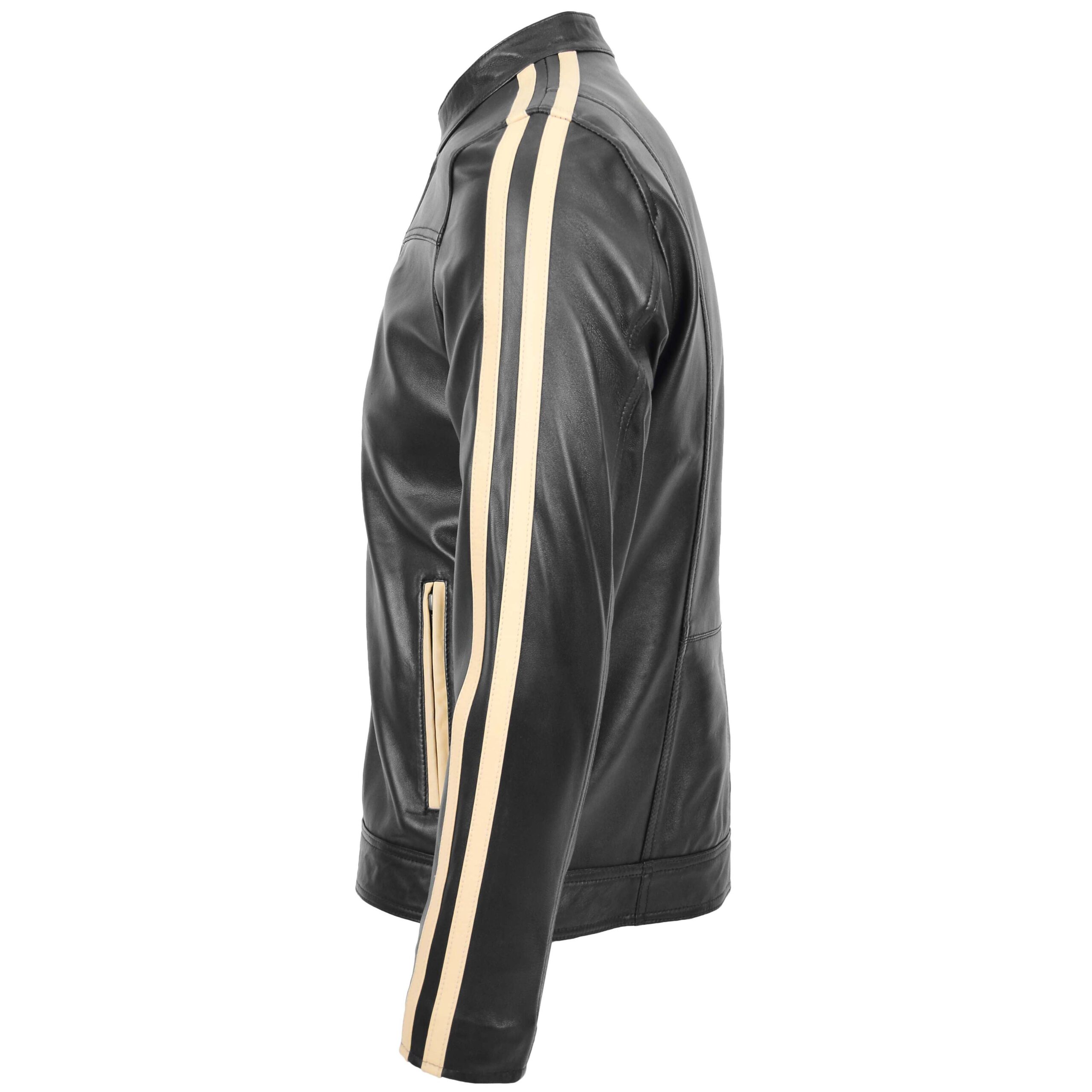 BUNERI Blouson Biker en Cuir Noir pour Homme avec Bandes de Course – Image 5