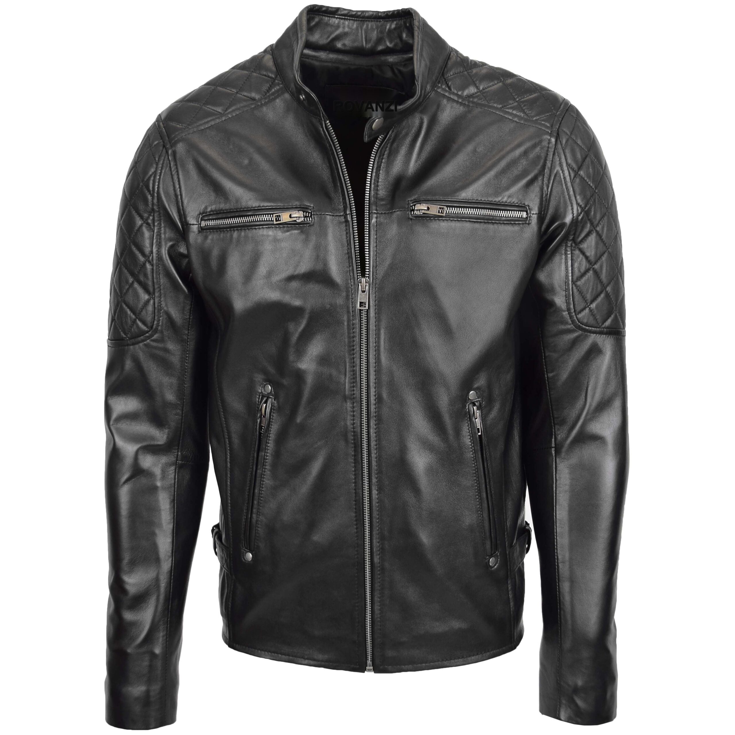 BUNERI Veste Homme Cuir Style Biker avec Detail Matelasse Noir