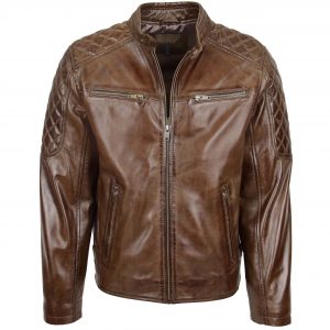 BUNERI Blouson Biker en Cuir Brun Timber pour Homme avec Matelassage