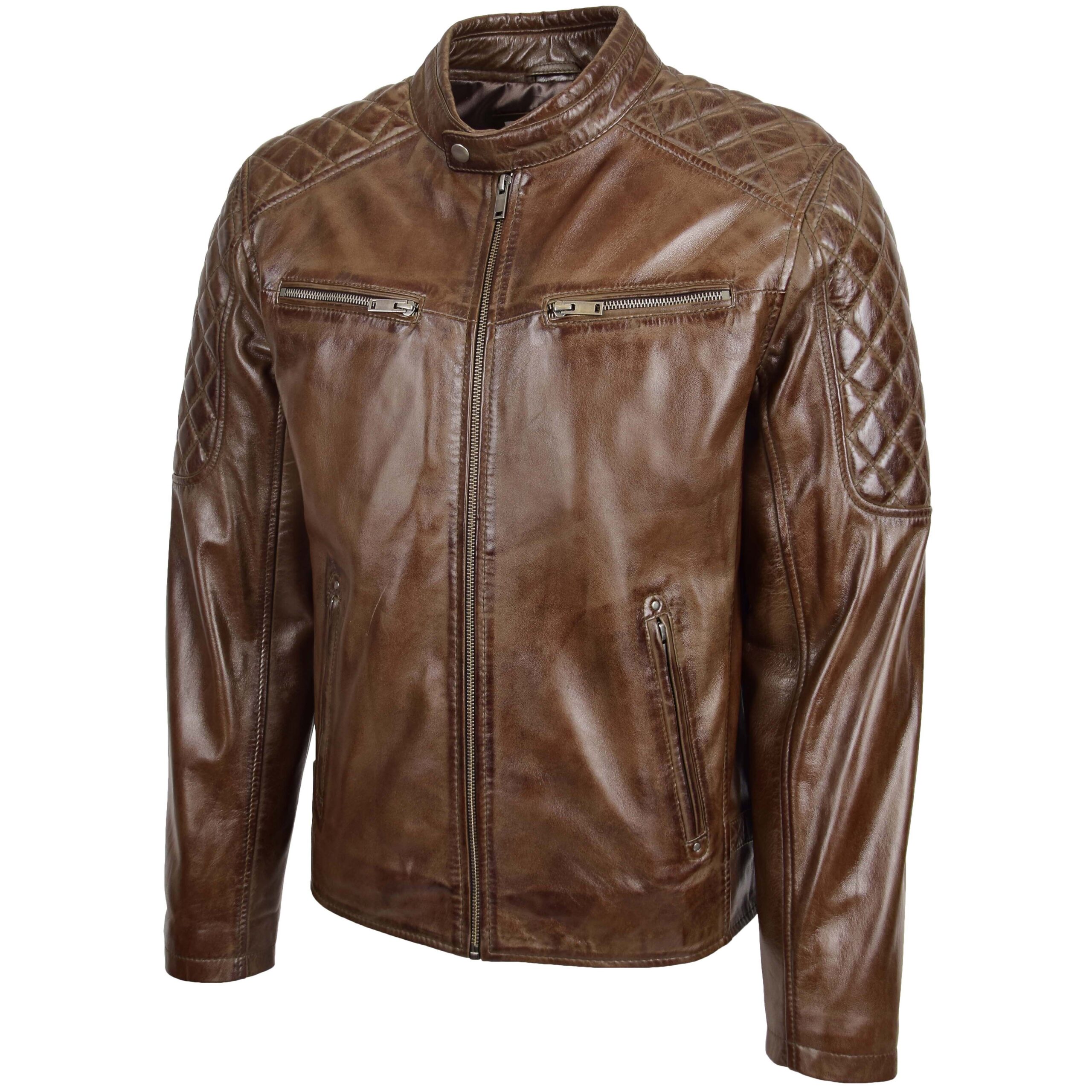 BUNERI Blouson Biker en Cuir Brun Timber pour Homme avec Matelassage – Image 4