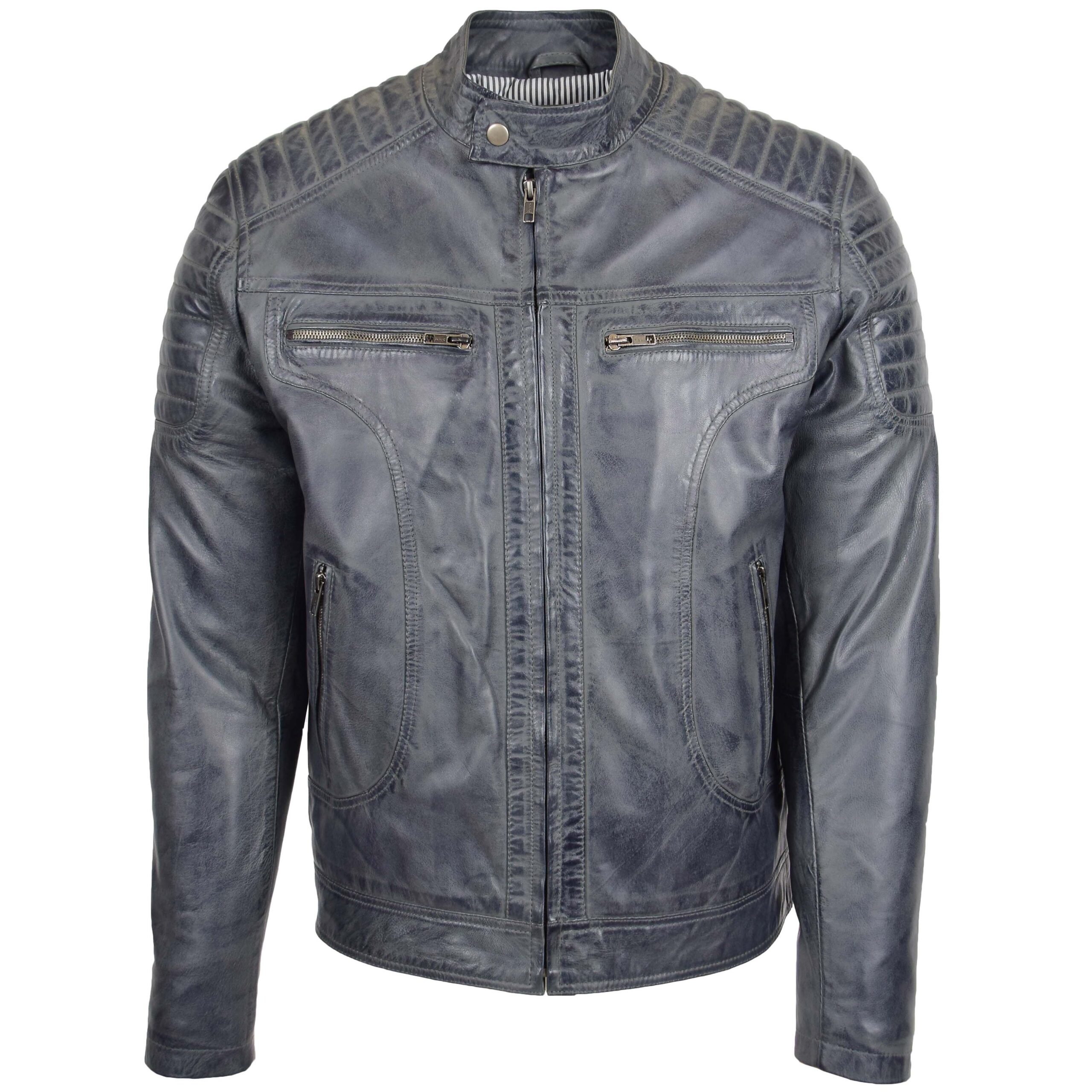 BUNERI Veste Biker en Cuir Style Zip pour Homme Gris Bicolore – Image 3
