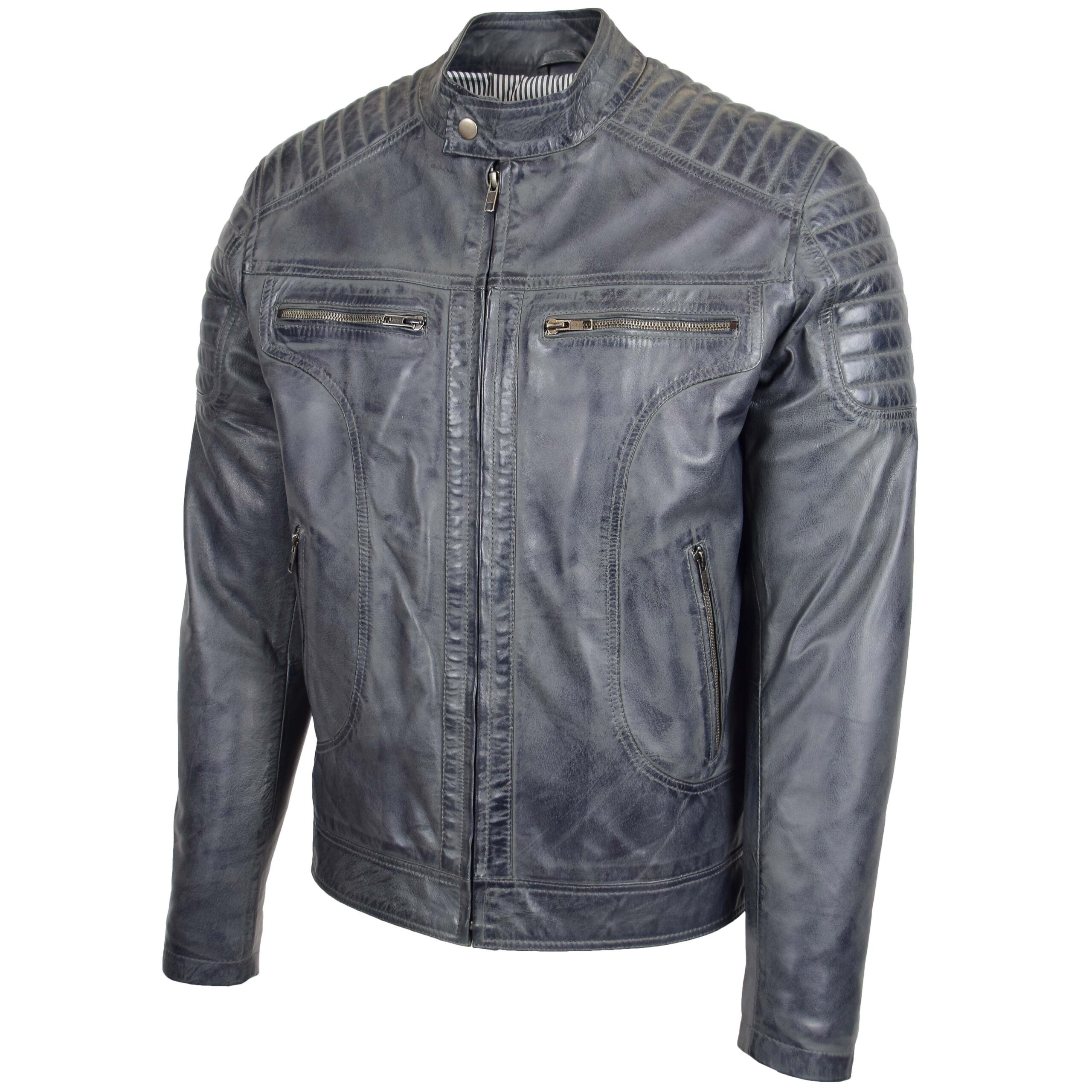 BUNERI Veste Biker en Cuir Style Zip pour Homme Gris Bicolore – Image 4