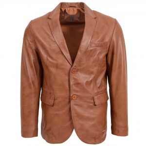 BUNERI Blazer en Cuir Tan pour Homme à Deux Boutons