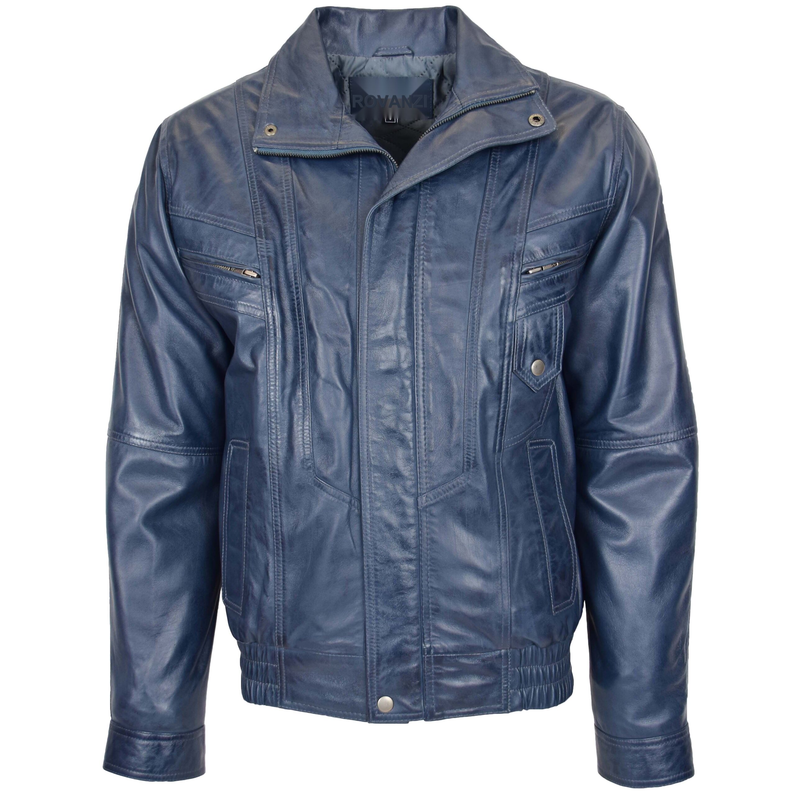 BUNERI Veste Homme Cuir Bomber Blouson Bleue