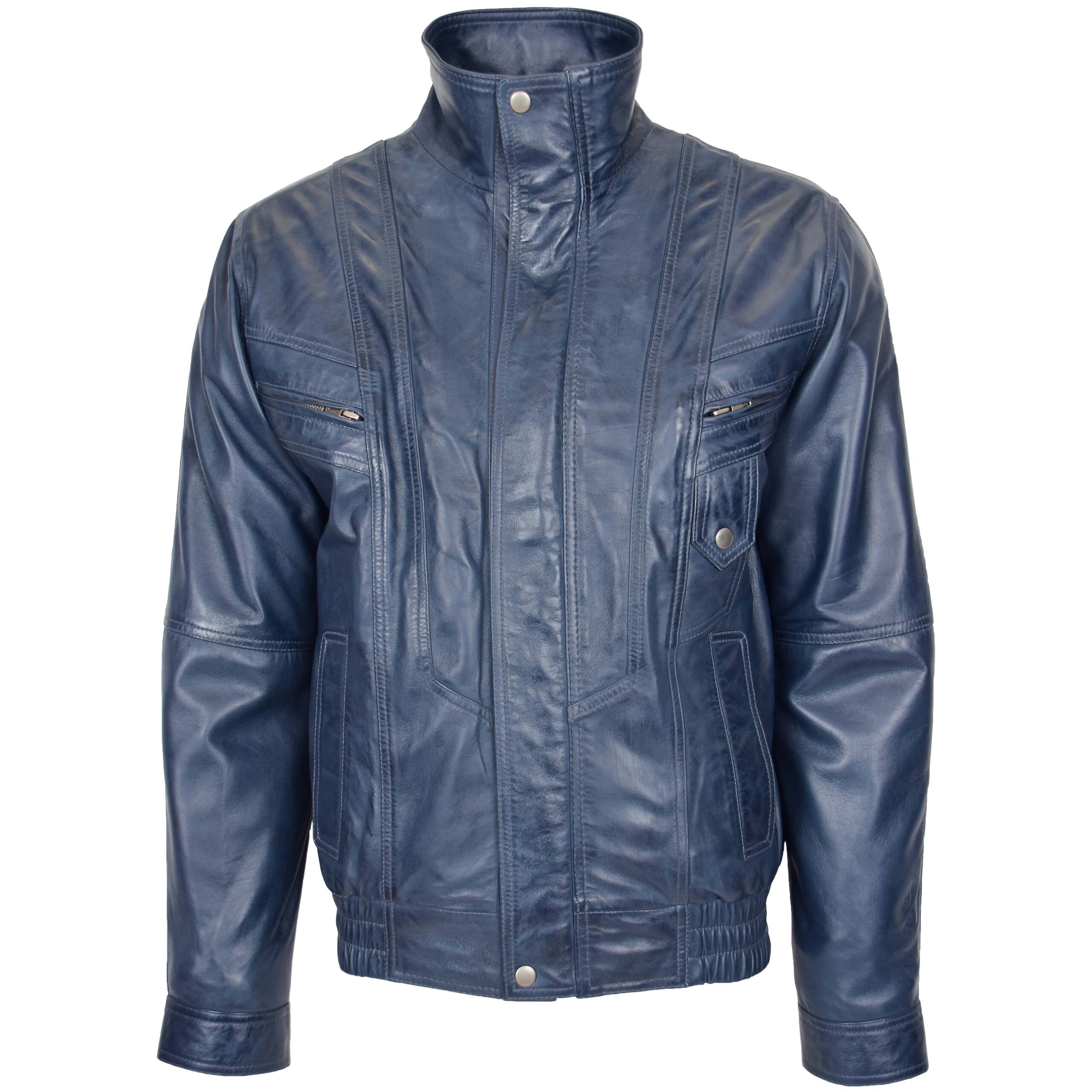 BUNERI Veste Homme Cuir Bomber Blouson Bleue – Image 3